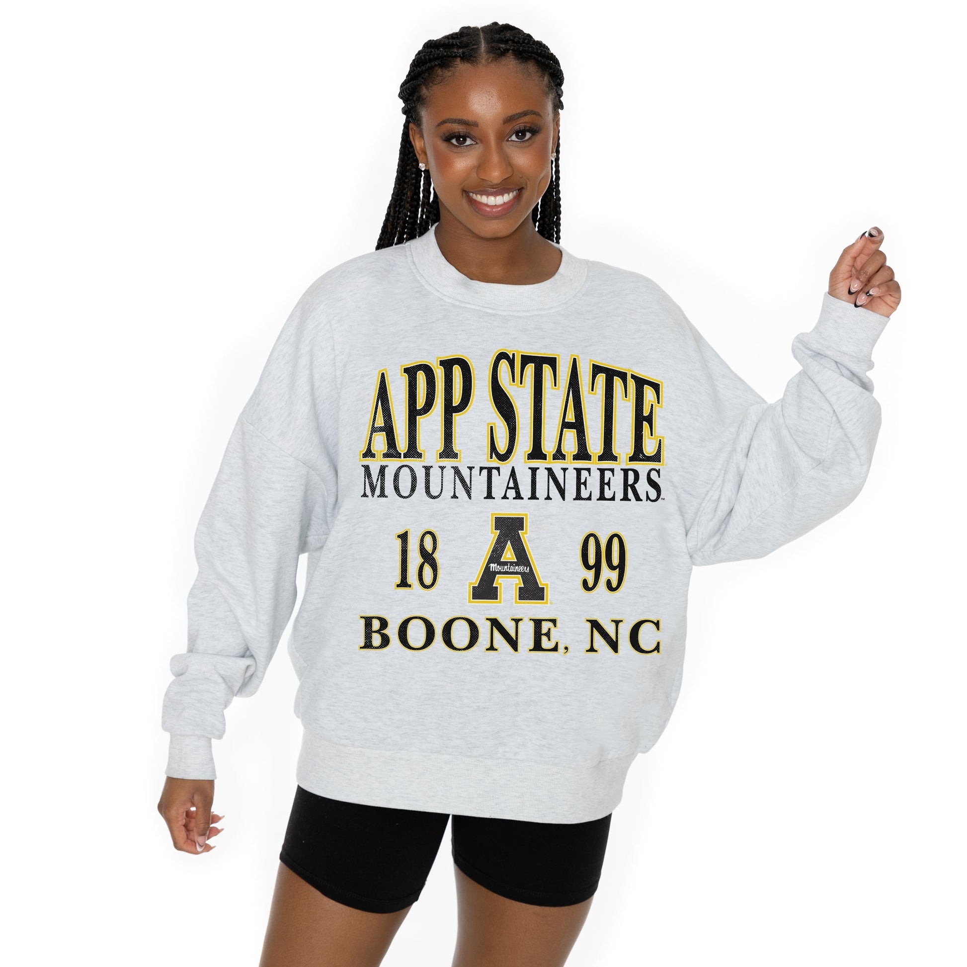 APPALACHIAN STATE MOUNTAINEERS ALLEGIANCE LONG SLEEVE UNISEX FIT PREMIUM FLEECE CREWNECK SWEATSHIRT WITH RIBBED KNIT NECKLINE, WRIST, AND WAISTBAND