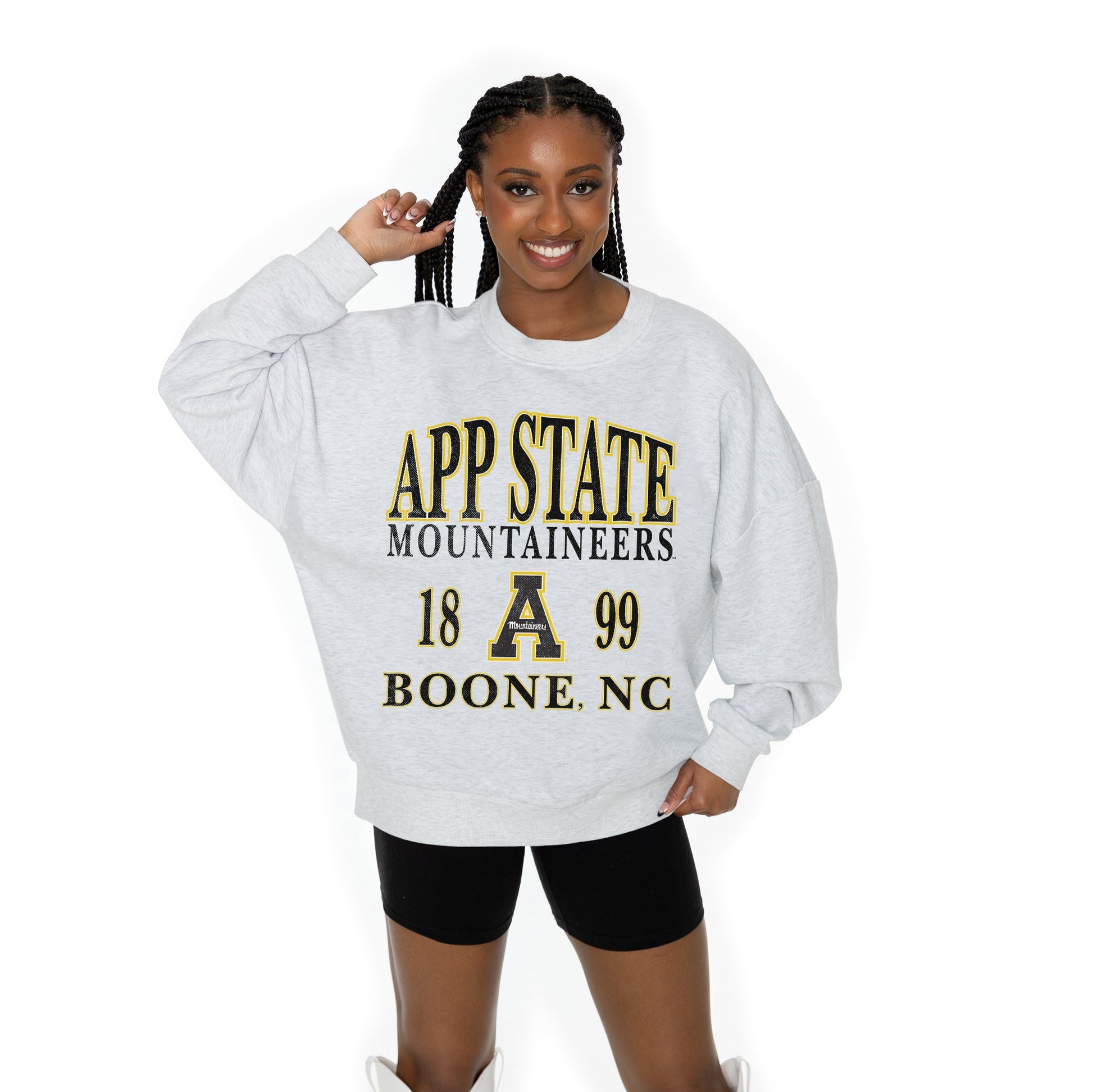 APPALACHIAN STATE MOUNTAINEERS ALLEGIANCE LONG SLEEVE UNISEX FIT PREMIUM FLEECE CREWNECK SWEATSHIRT WITH RIBBED KNIT NECKLINE, WRIST, AND WAISTBAND