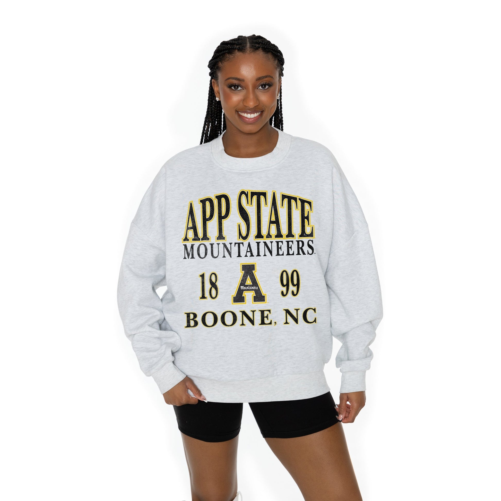 APPALACHIAN STATE MOUNTAINEERS ALLEGIANCE LONG SLEEVE UNISEX FIT PREMIUM FLEECE CREWNECK SWEATSHIRT WITH RIBBED KNIT NECKLINE, WRIST, AND WAISTBAND