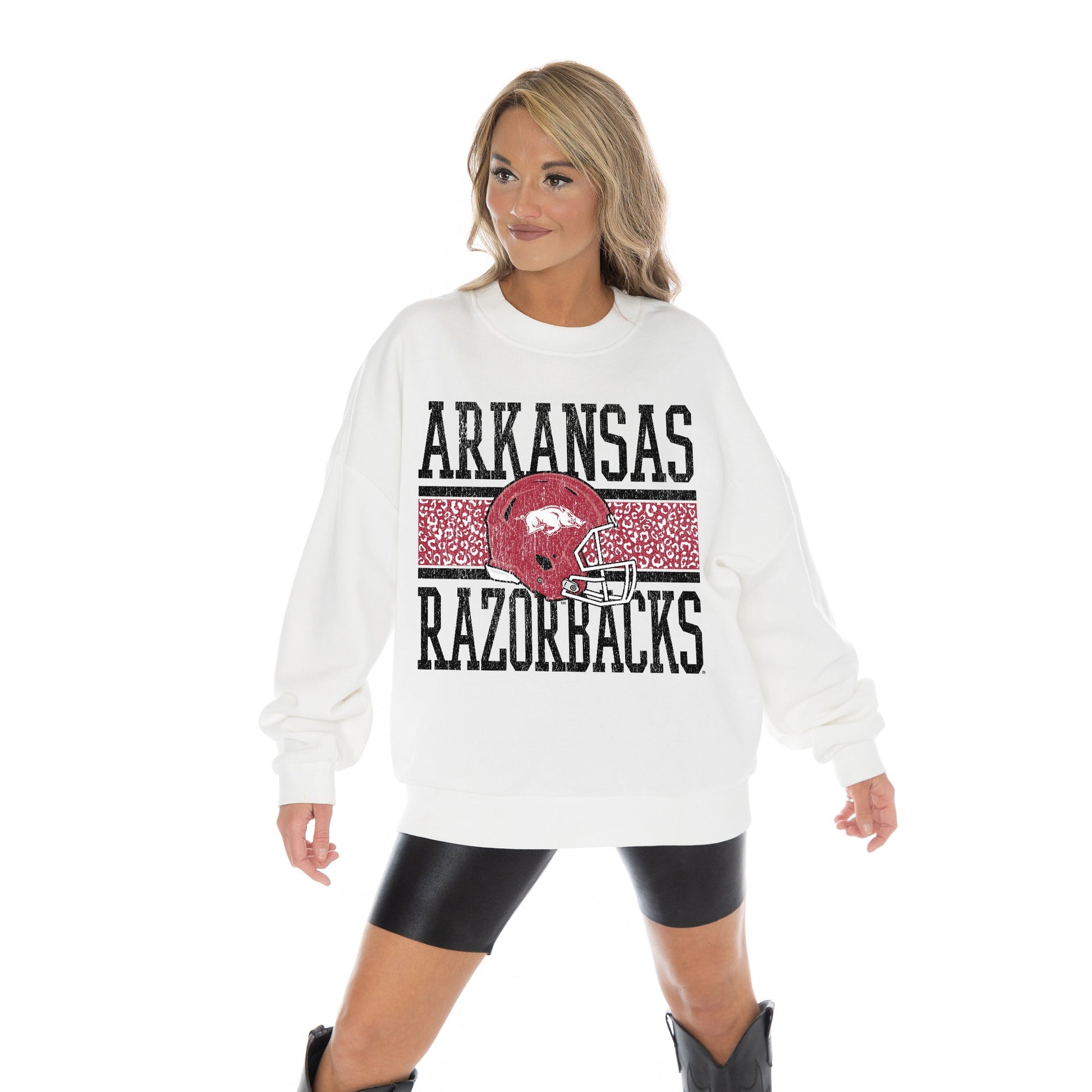 ARKANSAS RAZORBACKS FAIR CATCH LONG SLEEVE UNISEX FIT PREMIUM FLEECE CREWNECK SWEATSHIRT WITH RIBBED KNIT NECKLINE, WRIST, AND WAISTBAND
