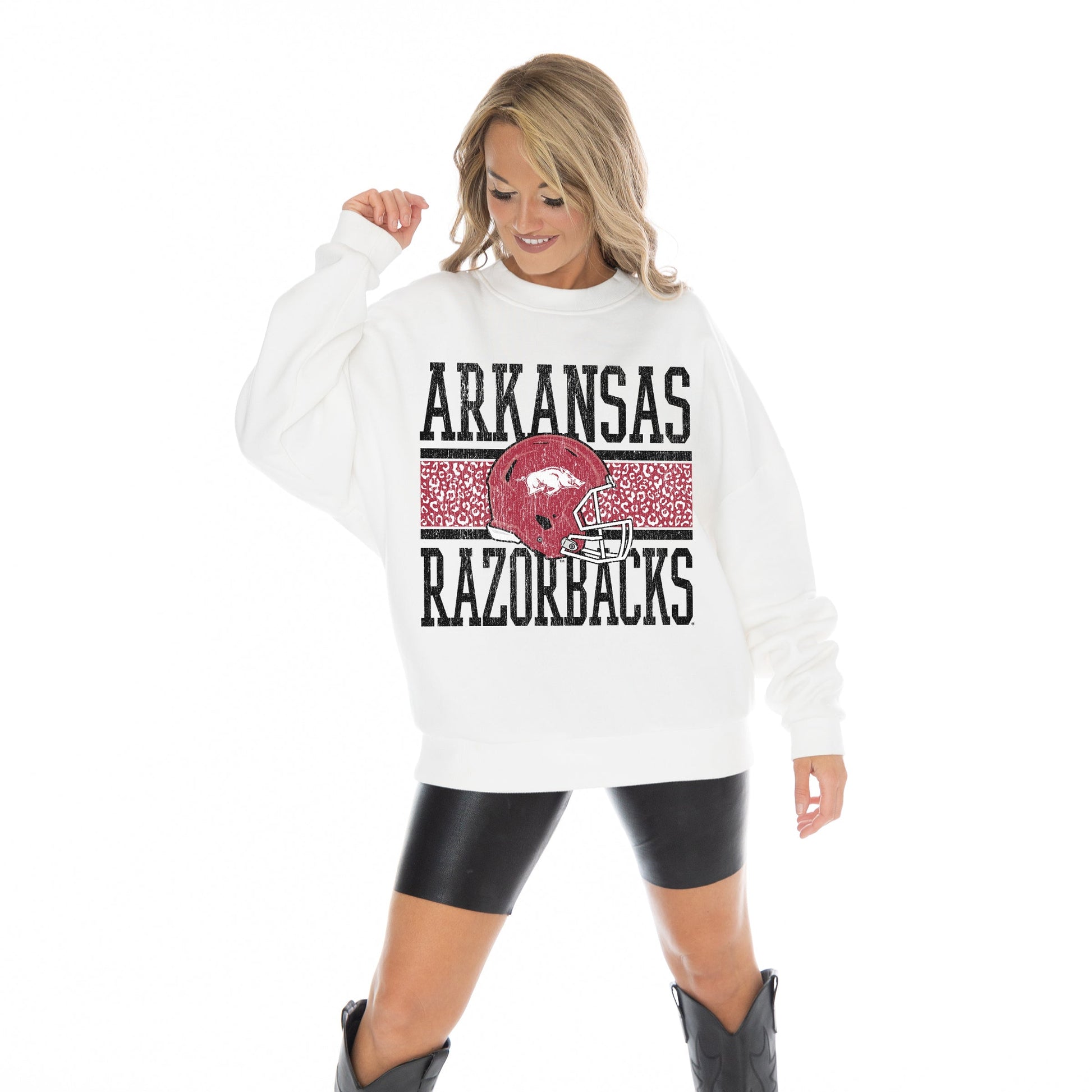 ARKANSAS RAZORBACKS FAIR CATCH LONG SLEEVE UNISEX FIT PREMIUM FLEECE CREWNECK SWEATSHIRT WITH RIBBED KNIT NECKLINE, WRIST, AND WAISTBAND