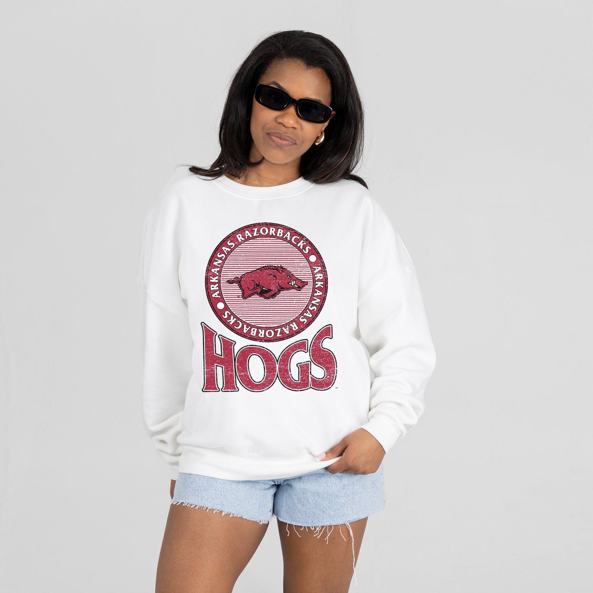 ARKANSAS RAZORBACKS ENDZONE PREMIUM FLEECE DROP SHOULDER CREWNECK PULLOVER