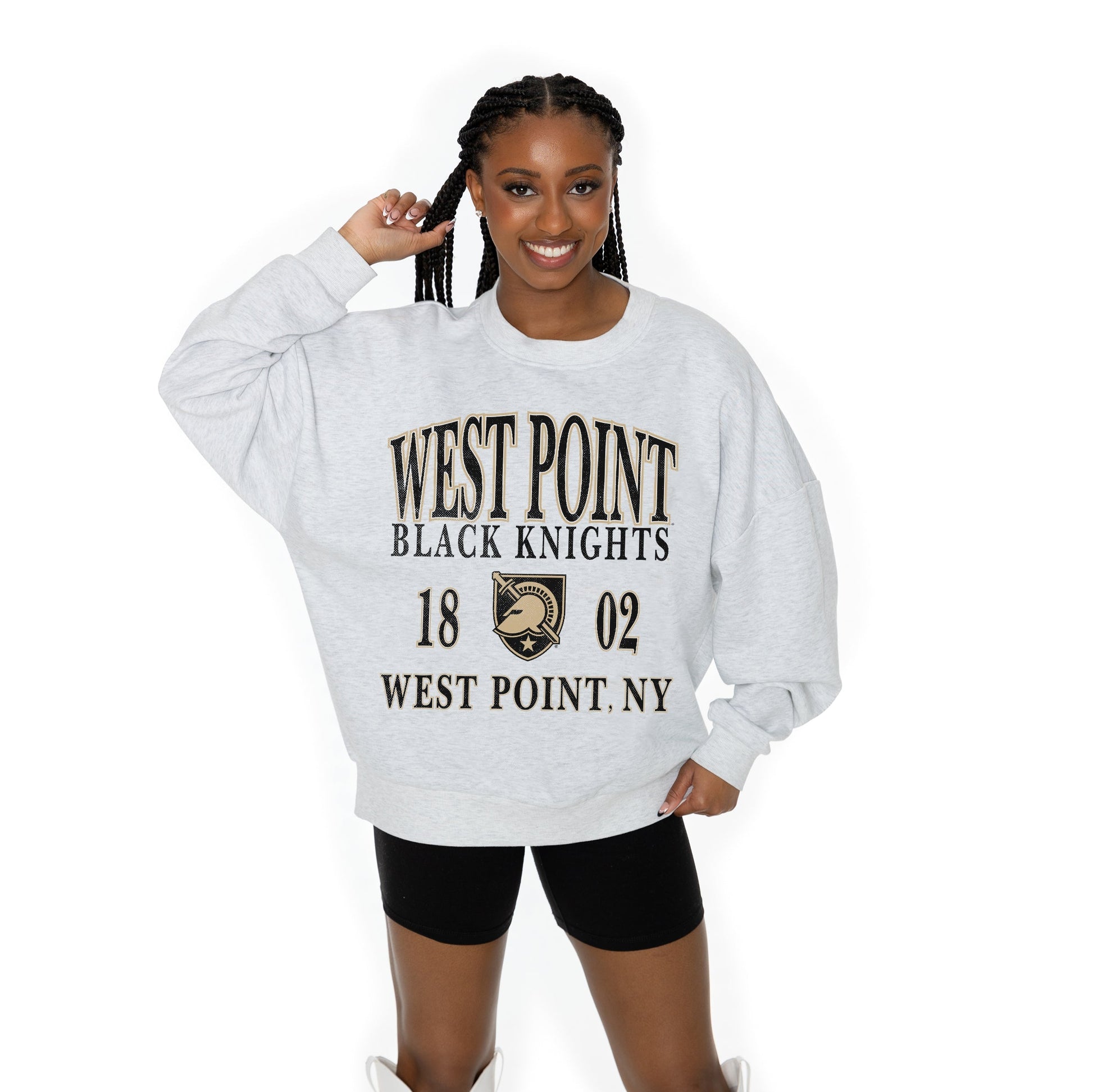 ARMY BLACK KNIGHTS ALLEGIANCE LONG SLEEVE UNISEX FIT PREMIUM FLEECE CREWNECK SWEATSHIRT WITH RIBBED KNIT NECKLINE, WRIST, AND WAISTBAND