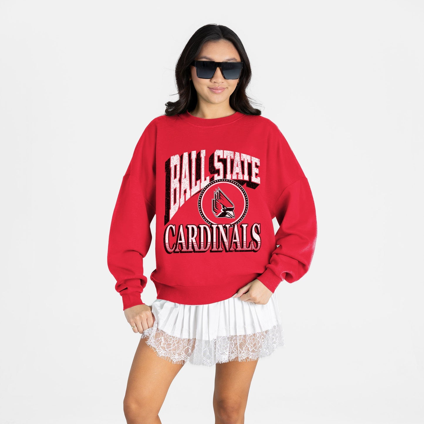 BALL STATE CARDINALS MAIN CHARACTER PREMIUM FLEECE DROP SHOULDER CREWNECK PULLOVER