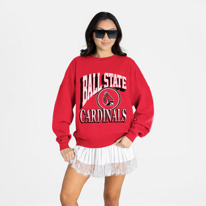 BALL STATE CARDINALS MAIN CHARACTER PREMIUM FLEECE DROP SHOULDER CREWNECK PULLOVER