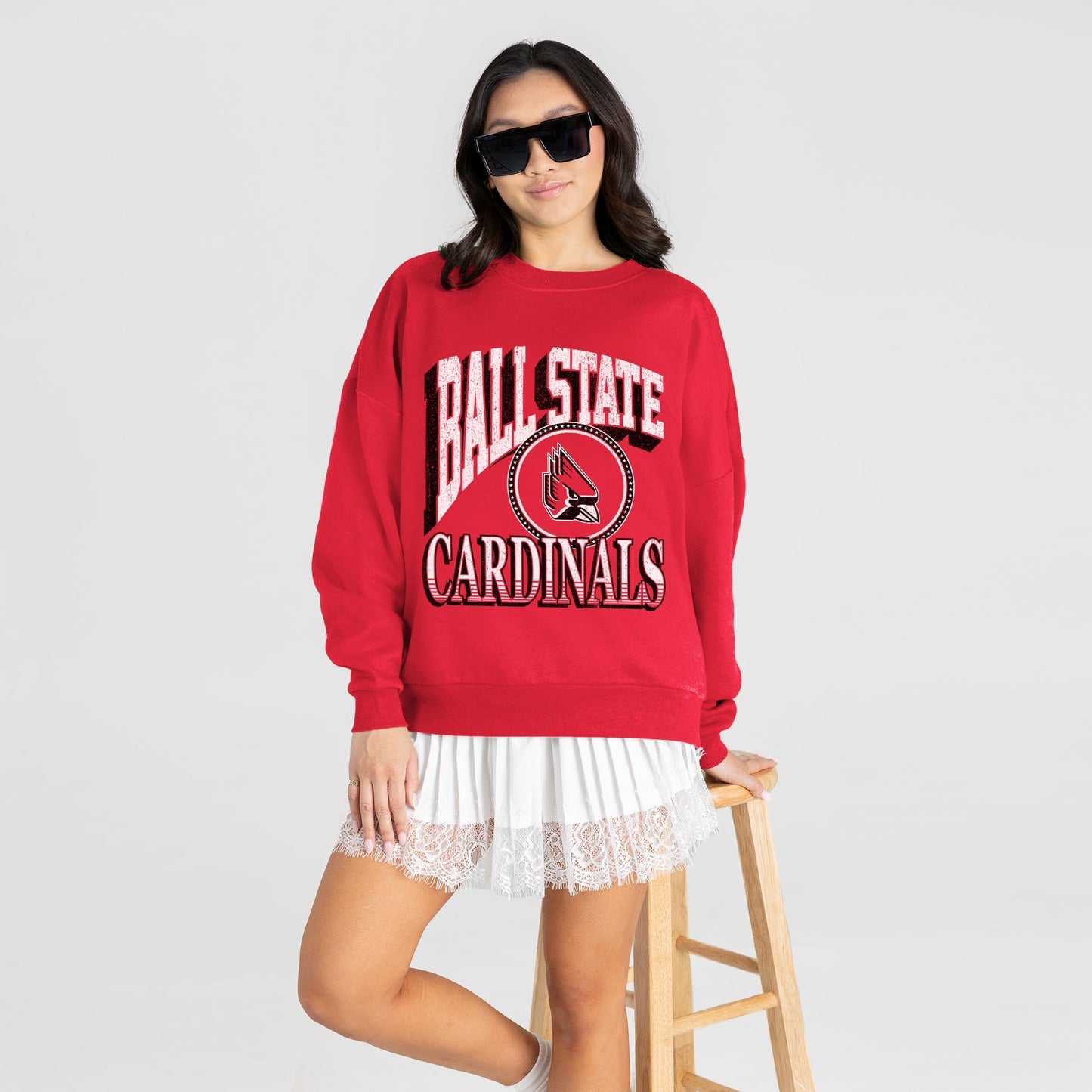 BALL STATE CARDINALS MAIN CHARACTER PREMIUM FLEECE DROP SHOULDER CREWNECK PULLOVER