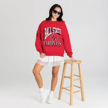 BALL STATE CARDINALS MAIN CHARACTER PREMIUM FLEECE DROP SHOULDER CREWNECK PULLOVER