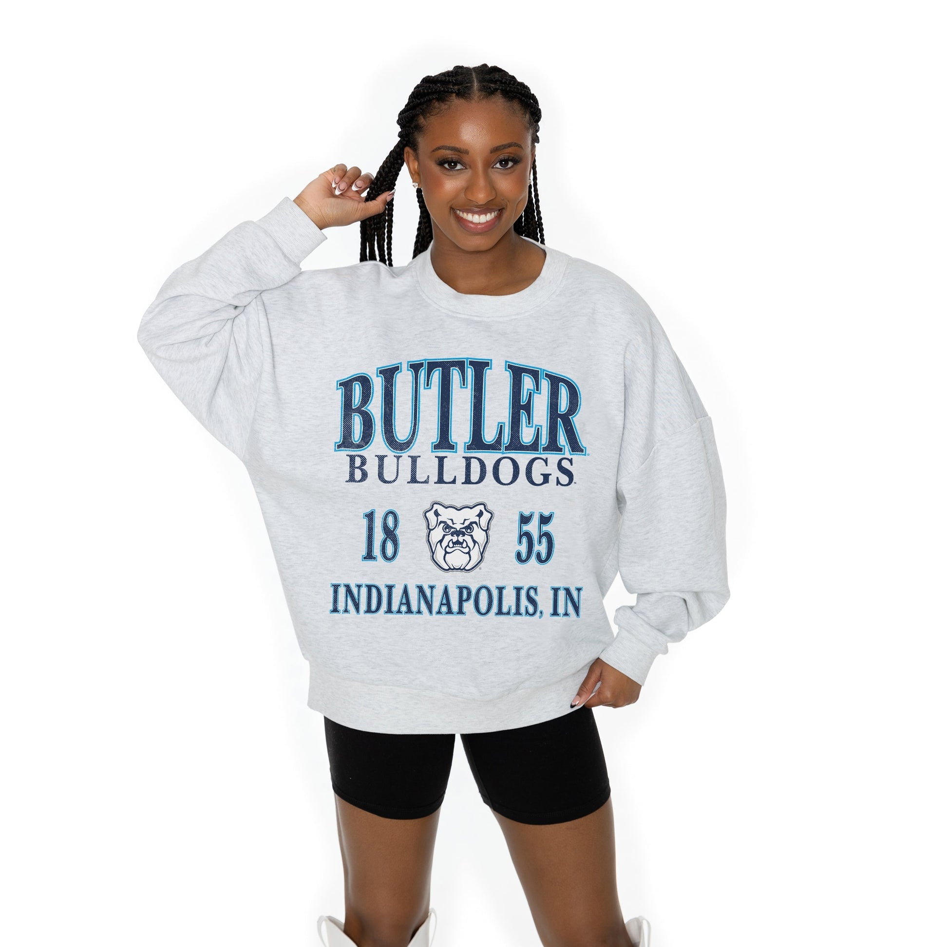 BUTLER BULLDOGS ALLEGIANCE LONG SLEEVE UNISEX FIT PREMIUM FLEECE CREWNECK SWEATSHIRT WITH RIBBED KNIT NECKLINE, WRIST, AND WAISTBAND