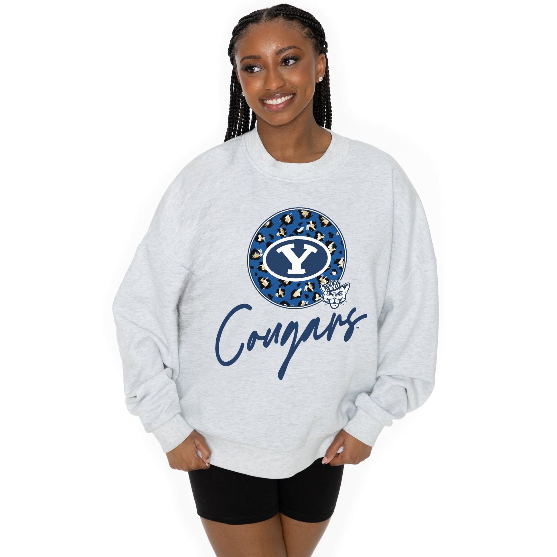 BYU COUGARS GOING WILD LONG SLEEVE UNISEX FIT PREMIUM FLEECE CREWNECK SWEATSHIRT WITH RIBBED KNIT NECKLINE, WRIST, AND WAISTBAND