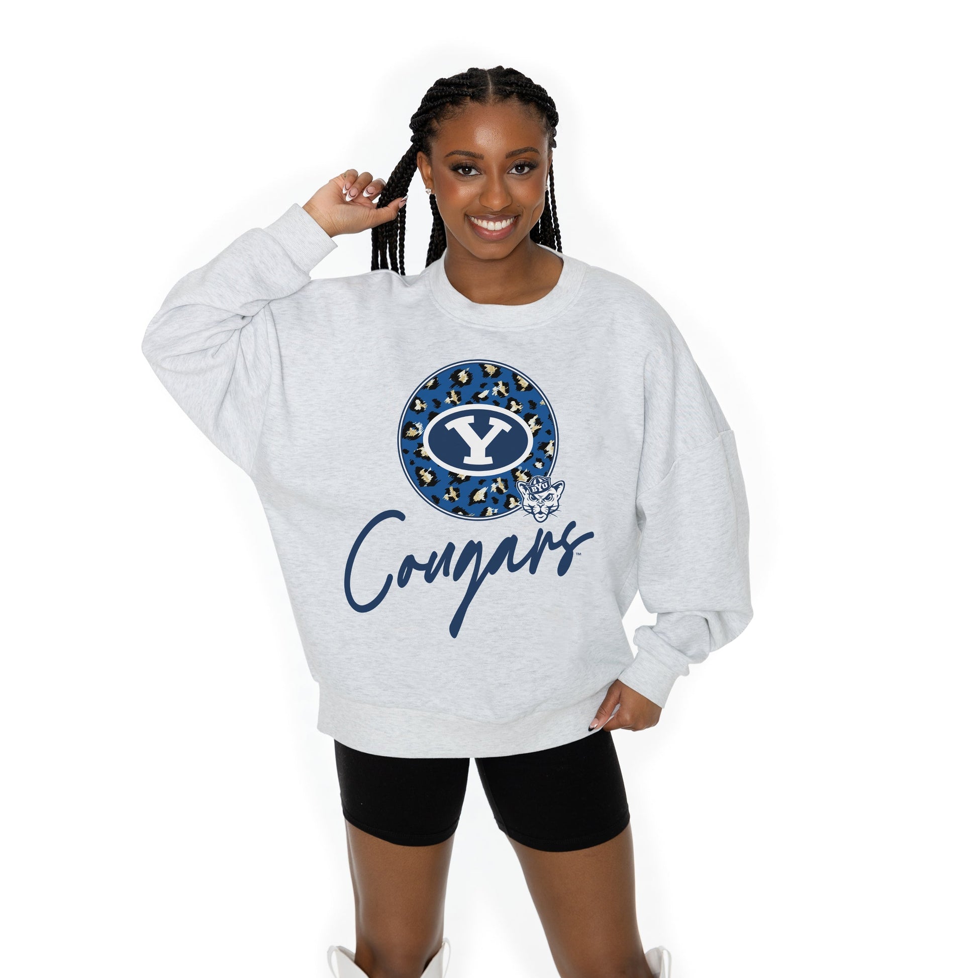 BYU COUGARS GOING WILD LONG SLEEVE UNISEX FIT PREMIUM FLEECE CREWNECK SWEATSHIRT WITH RIBBED KNIT NECKLINE, WRIST, AND WAISTBAND