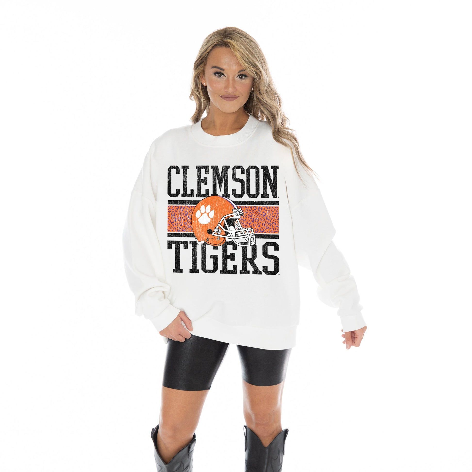 CLEMSON TIGERS FAIR CATCH LONG SLEEVE UNISEX FIT PREMIUM FLEECE CREWNECK SWEATSHIRT WITH RIBBED KNIT NECKLINE, WRIST, AND WAISTBAND