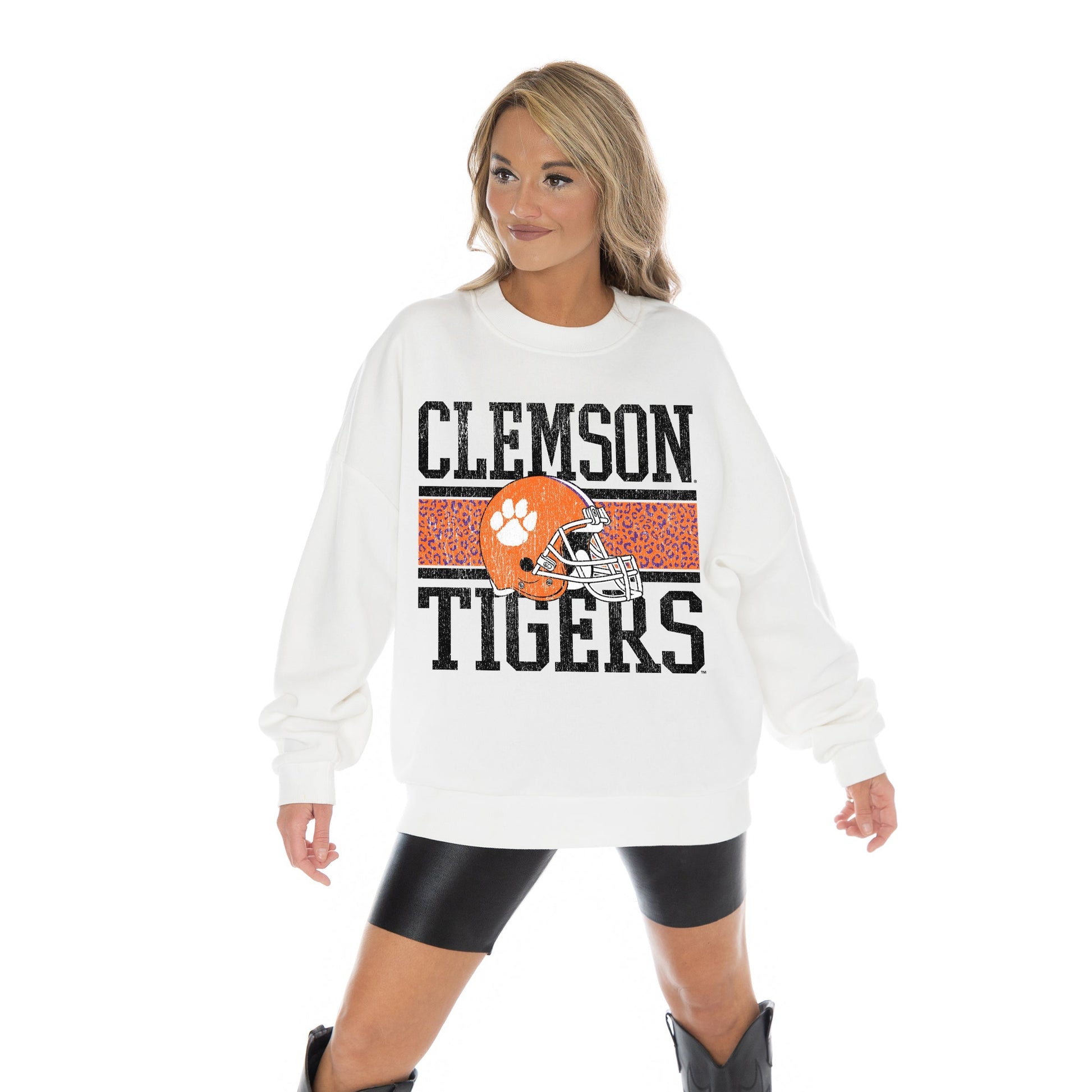 CLEMSON TIGERS FAIR CATCH LONG SLEEVE UNISEX FIT PREMIUM FLEECE CREWNECK SWEATSHIRT WITH RIBBED KNIT NECKLINE, WRIST, AND WAISTBAND