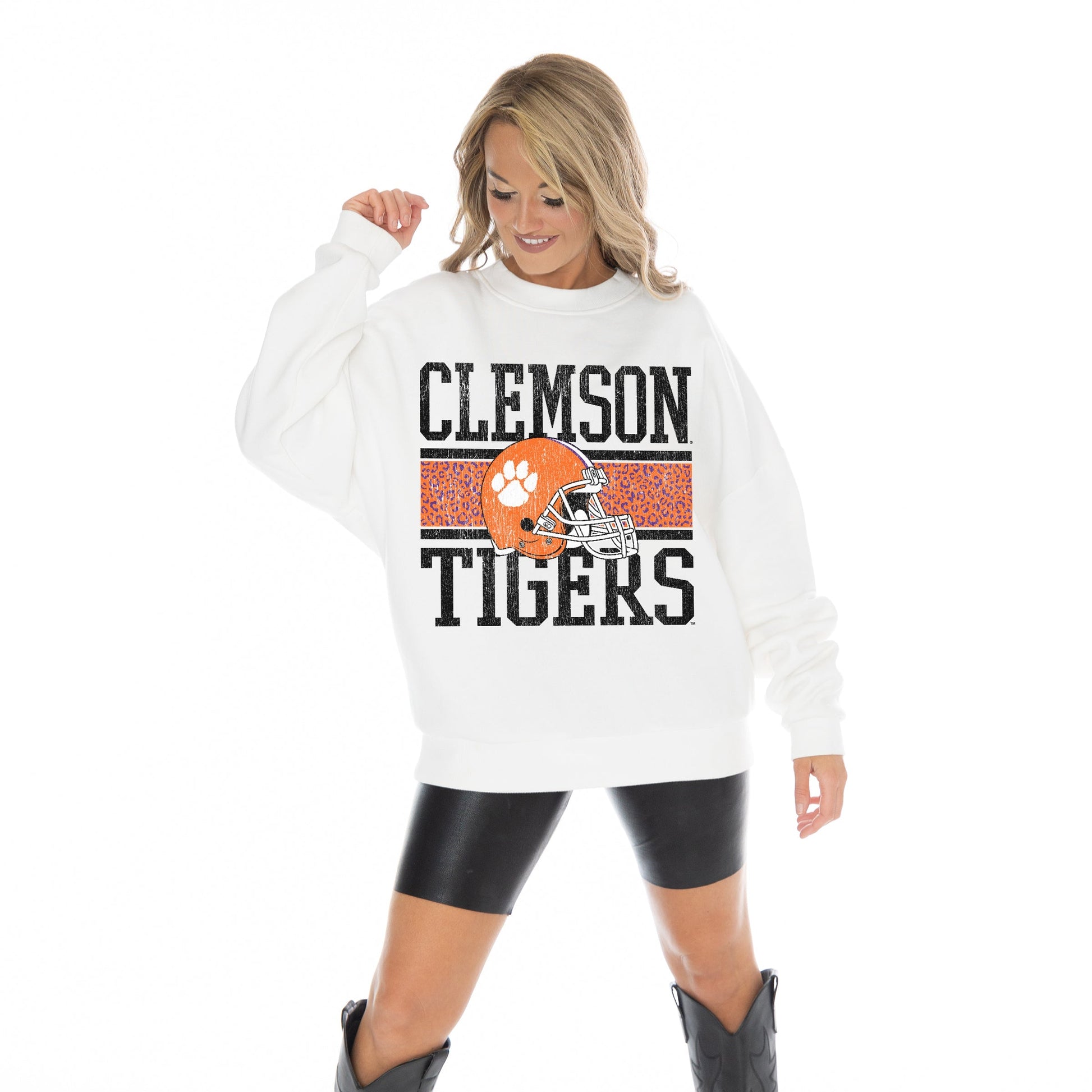 CLEMSON TIGERS FAIR CATCH LONG SLEEVE UNISEX FIT PREMIUM FLEECE CREWNECK SWEATSHIRT WITH RIBBED KNIT NECKLINE, WRIST, AND WAISTBAND