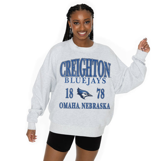 CREIGHTON BLUEJAYS ALLEGIANCE LONG SLEEVE UNISEX FIT PREMIUM FLEECE CREWNECK SWEATSHIRT WITH RIBBED KNIT NECKLINE, WRIST, AND WAISTBAND