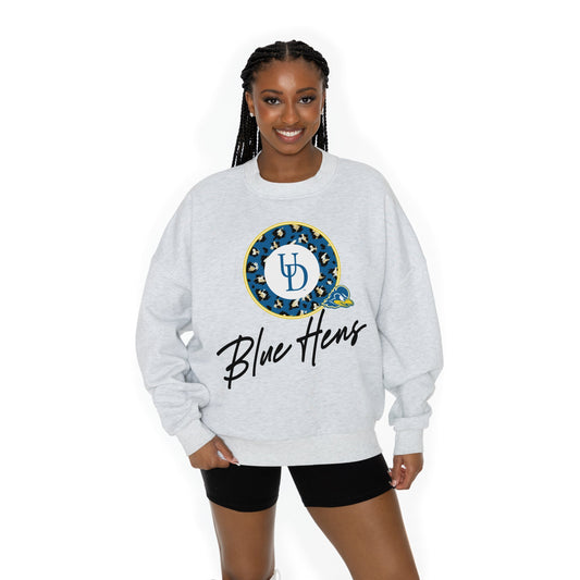 DELAWARE BLUE HENS GOING WILD LONG SLEEVE UNISEX FIT PREMIUM FLEECE CREWNECK SWEATSHIRT WITH RIBBED KNIT NECKLINE, WRIST, AND WAISTBAND