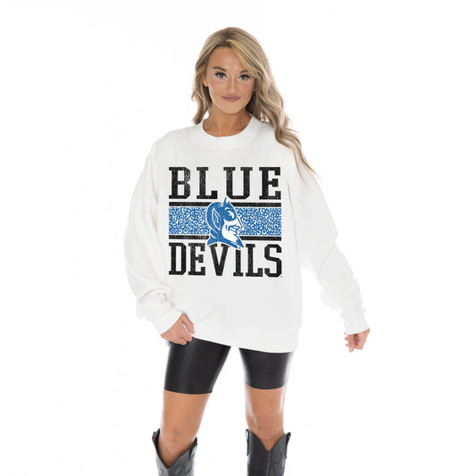 DUKE BLUE DEVILS FAIR CATCH LONG SLEEVE UNISEX FIT PREMIUM FLEECE CREWNECK SWEATSHIRT WITH RIBBED KNIT NECKLINE, WRIST, AND WAISTBAND