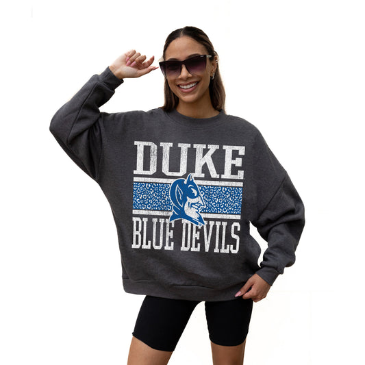 DUKE BLUE DEVILS WILD TAILGATE LONG SLEEVE UNISEX FIT PREMIUM FLEECE CREWNECK SWEATSHIRT WITH RIBBED KNIT NECKLINE, WRIST, AND WAISTBAND