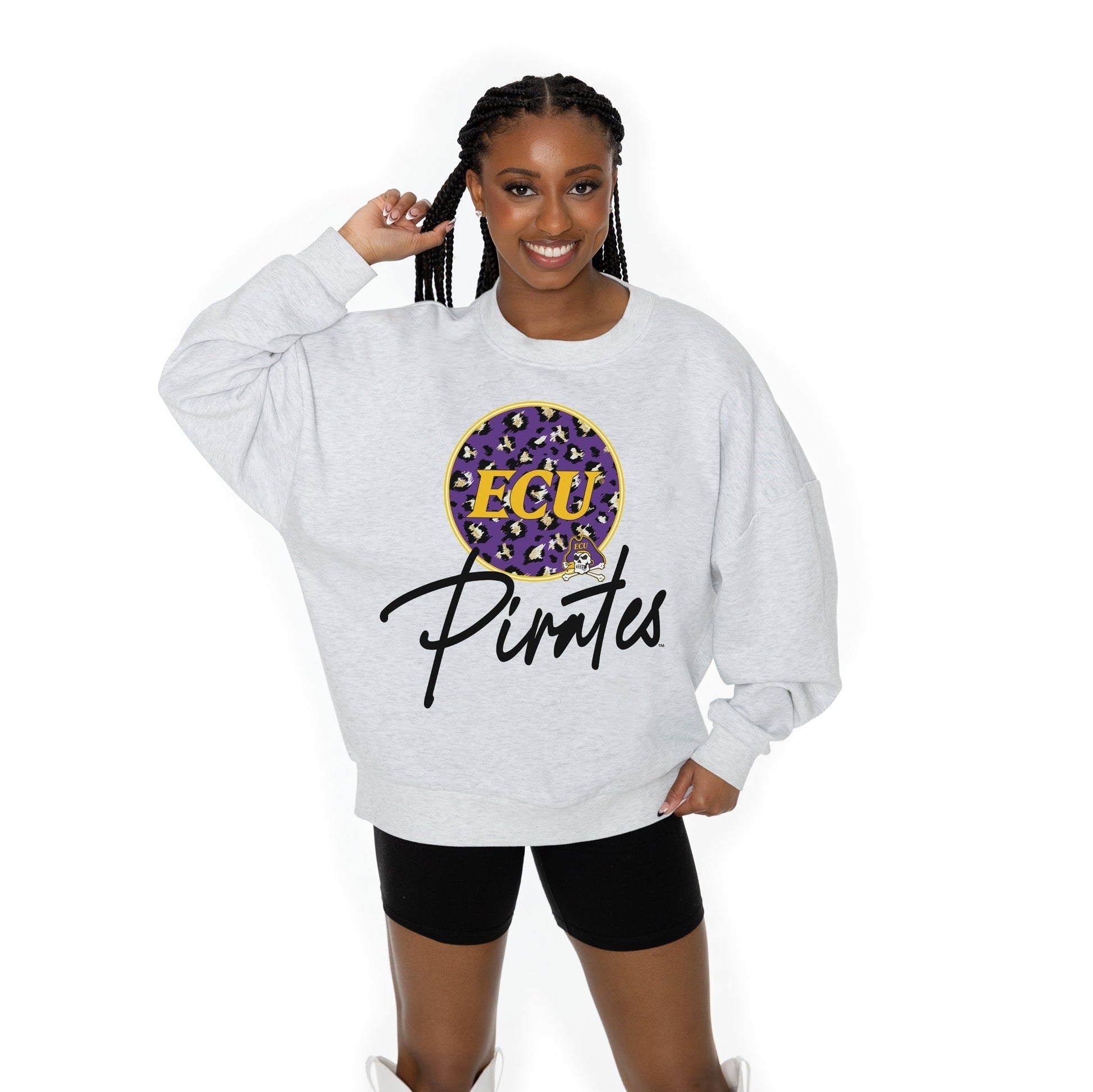 EAST CAROLINA PIRATES GOING WILD LONG SLEEVE UNISEX FIT PREMIUM FLEECE CREWNECK SWEATSHIRT WITH RIBBED KNIT NECKLINE, WRIST, AND WAISTBAND