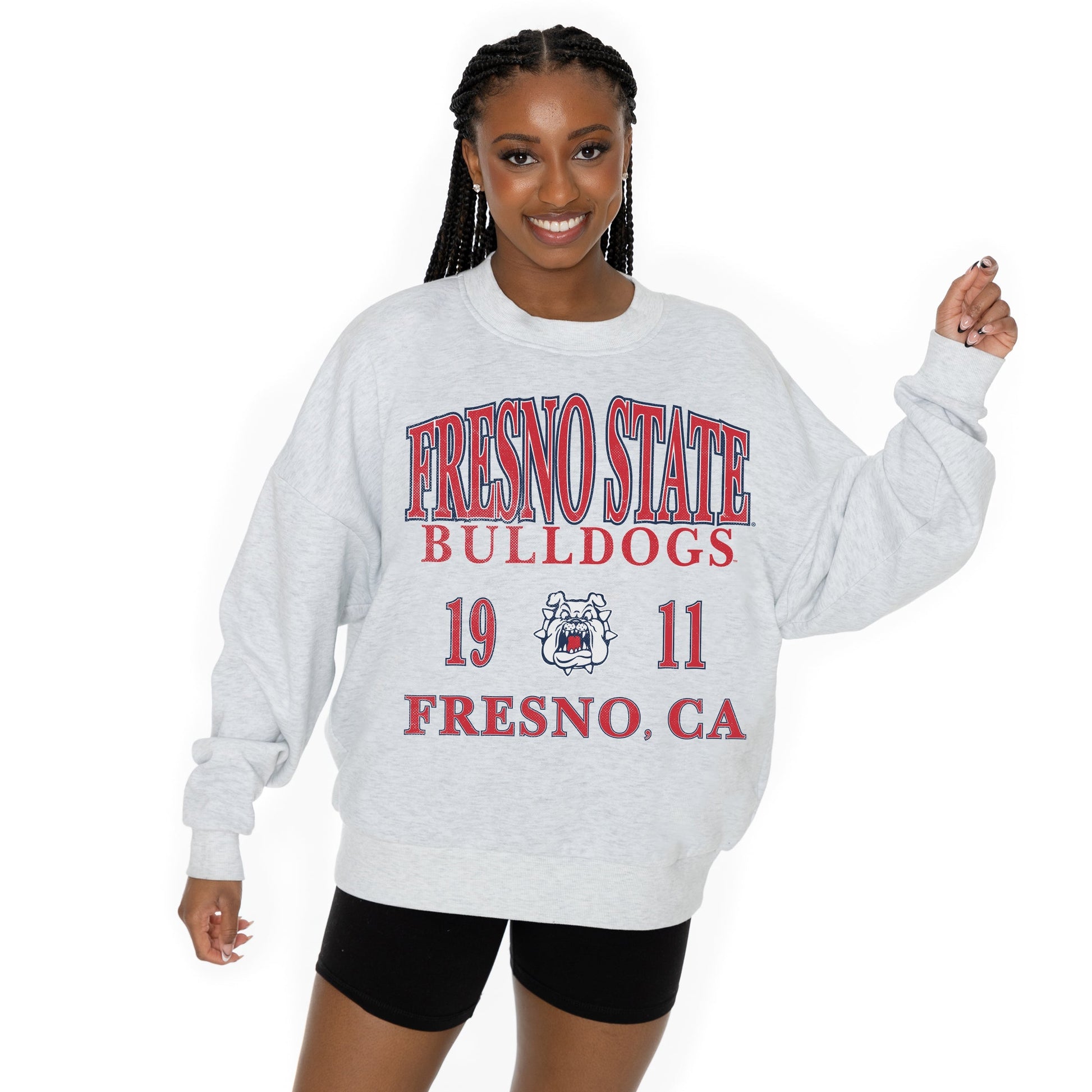FRESNO STATE BULLDOGS ALLEGIANCE LONG SLEEVE UNISEX FIT PREMIUM FLEECE CREWNECK SWEATSHIRT WITH RIBBED KNIT NECKLINE, WRIST, AND WAISTBAND