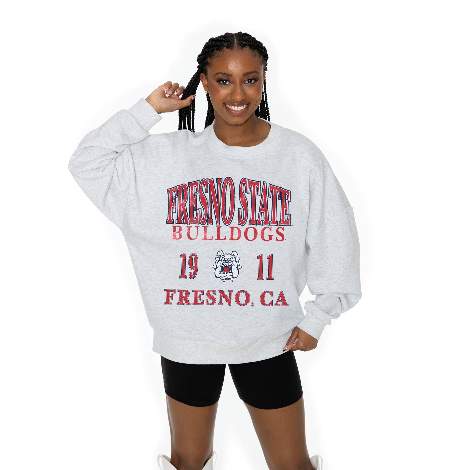 FRESNO STATE BULLDOGS ALLEGIANCE LONG SLEEVE UNISEX FIT PREMIUM FLEECE CREWNECK SWEATSHIRT WITH RIBBED KNIT NECKLINE, WRIST, AND WAISTBAND