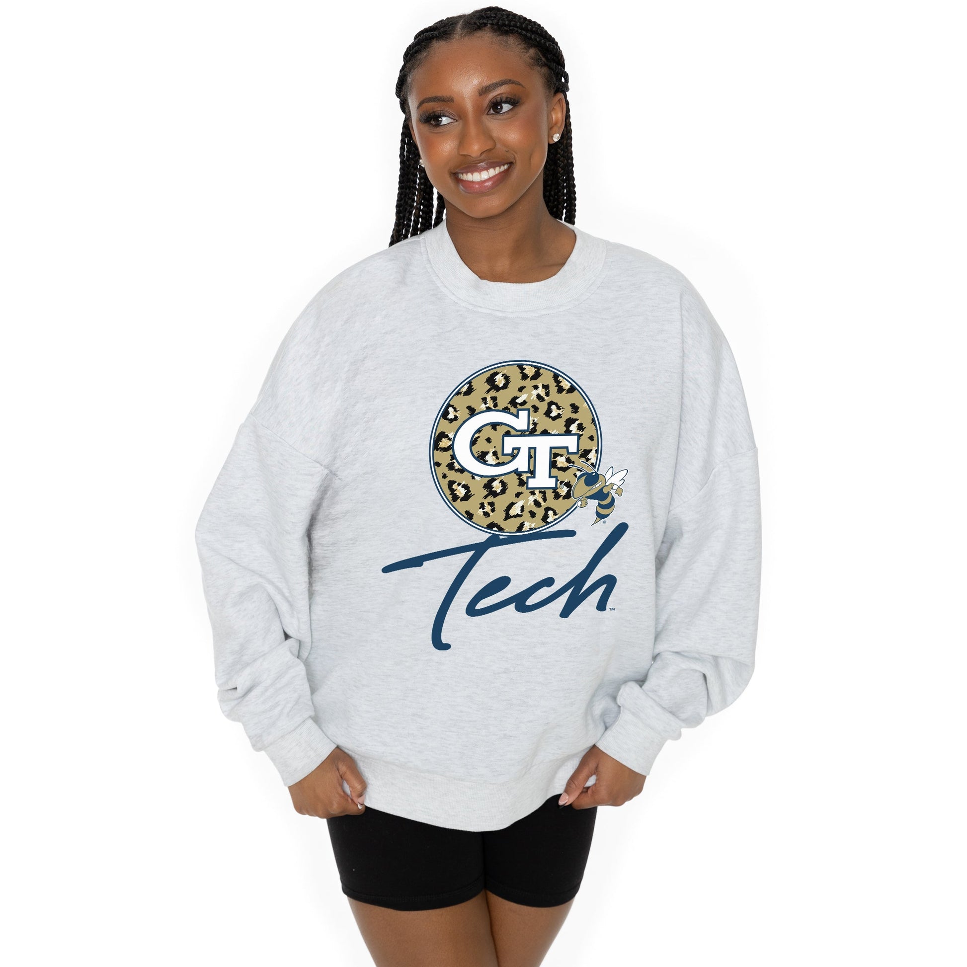 GEORGIA TECH YELLOW JACKETS GOING WILD LONG SLEEVE UNISEX FIT PREMIUM FLEECE CREWNECK SWEATSHIRT WITH RIBBED KNIT NECKLINE, WRIST, AND WAISTBAND