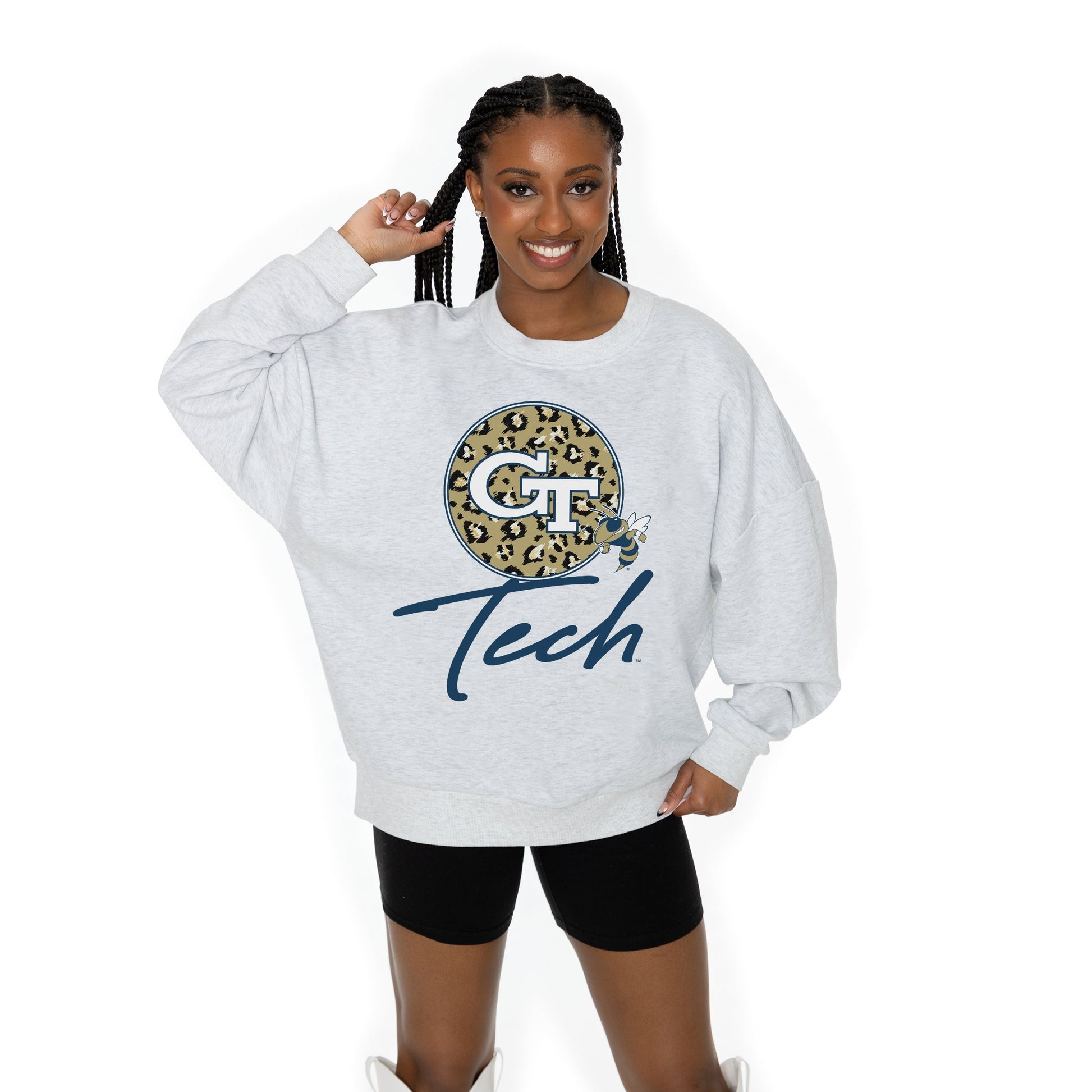 GEORGIA TECH YELLOW JACKETS GOING WILD LONG SLEEVE UNISEX FIT PREMIUM FLEECE CREWNECK SWEATSHIRT WITH RIBBED KNIT NECKLINE, WRIST, AND WAISTBAND