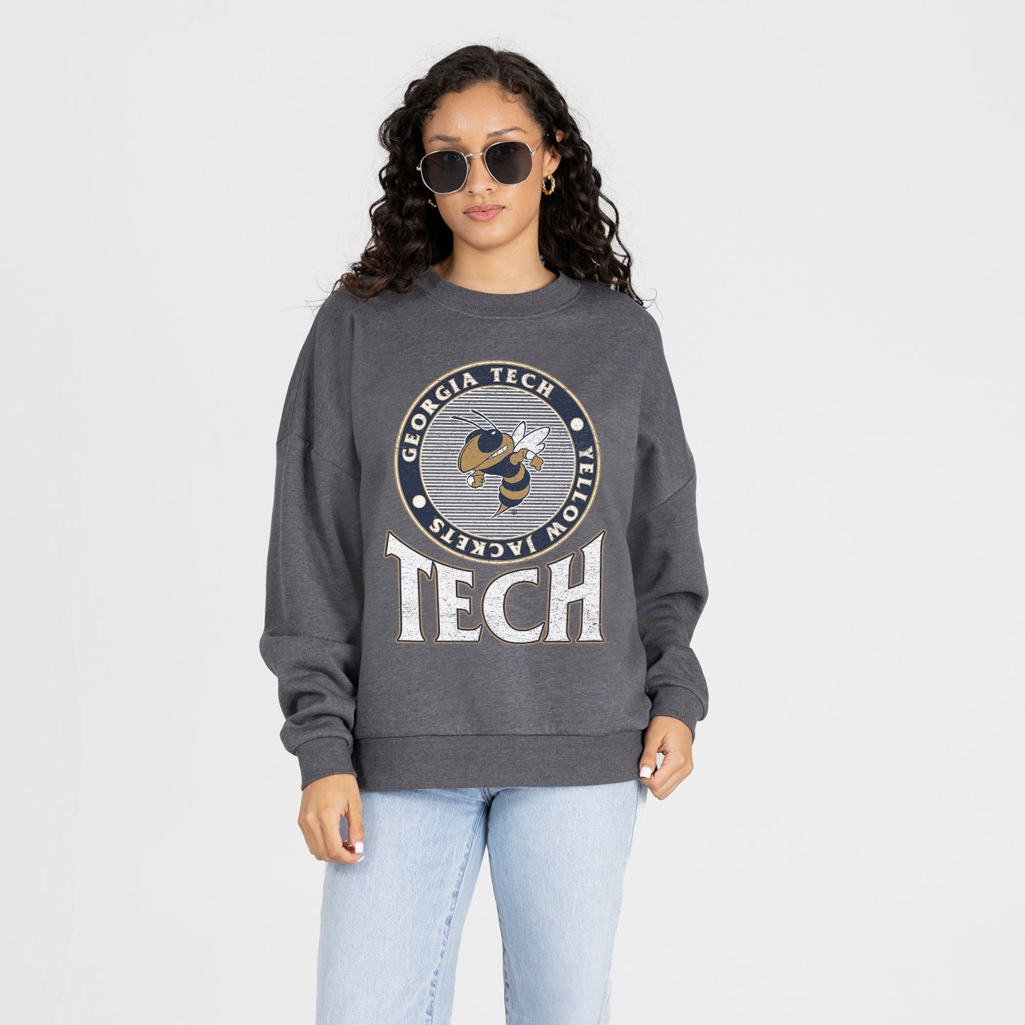 GEORGIA TECH YELLOW JACKETS SATURDAY SEAL PREMIUM FLEECE DROP SHOULDER CREWNECK PULLOVER