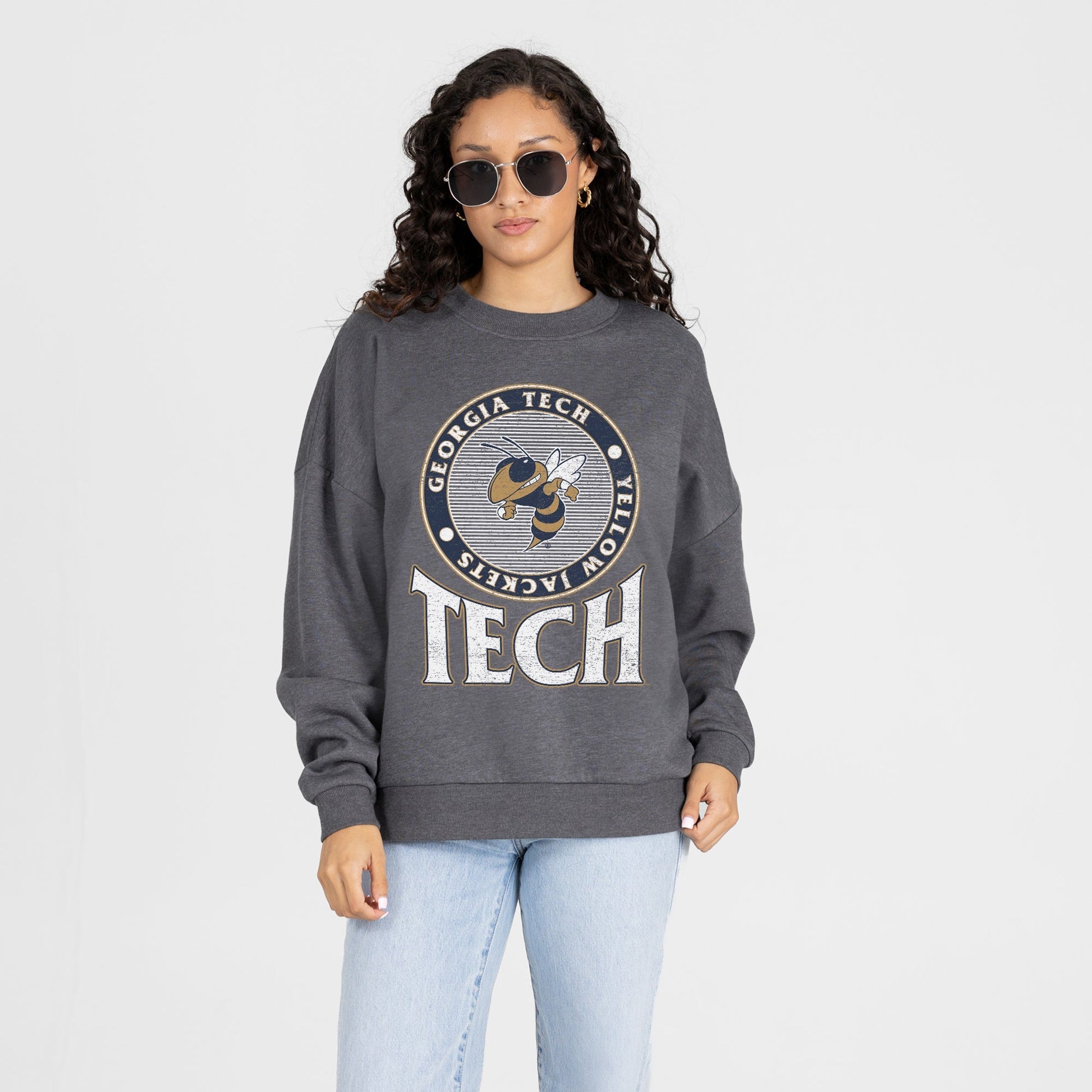 GEORGIA TECH YELLOW JACKETS SATURDAY SEAL PREMIUM FLEECE DROP SHOULDER CREWNECK PULLOVER