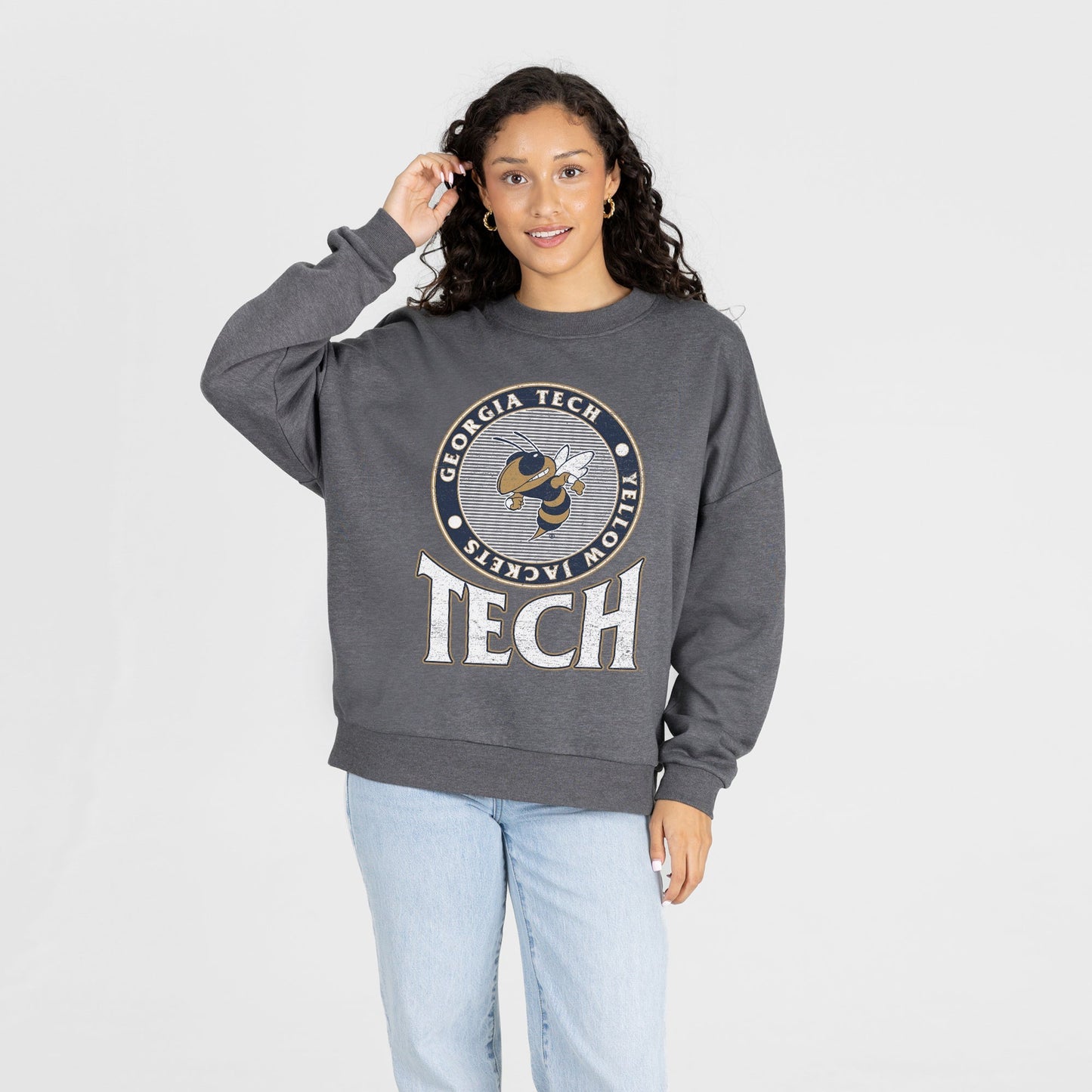 GEORGIA TECH YELLOW JACKETS SATURDAY SEAL PREMIUM FLEECE DROP SHOULDER CREWNECK PULLOVER