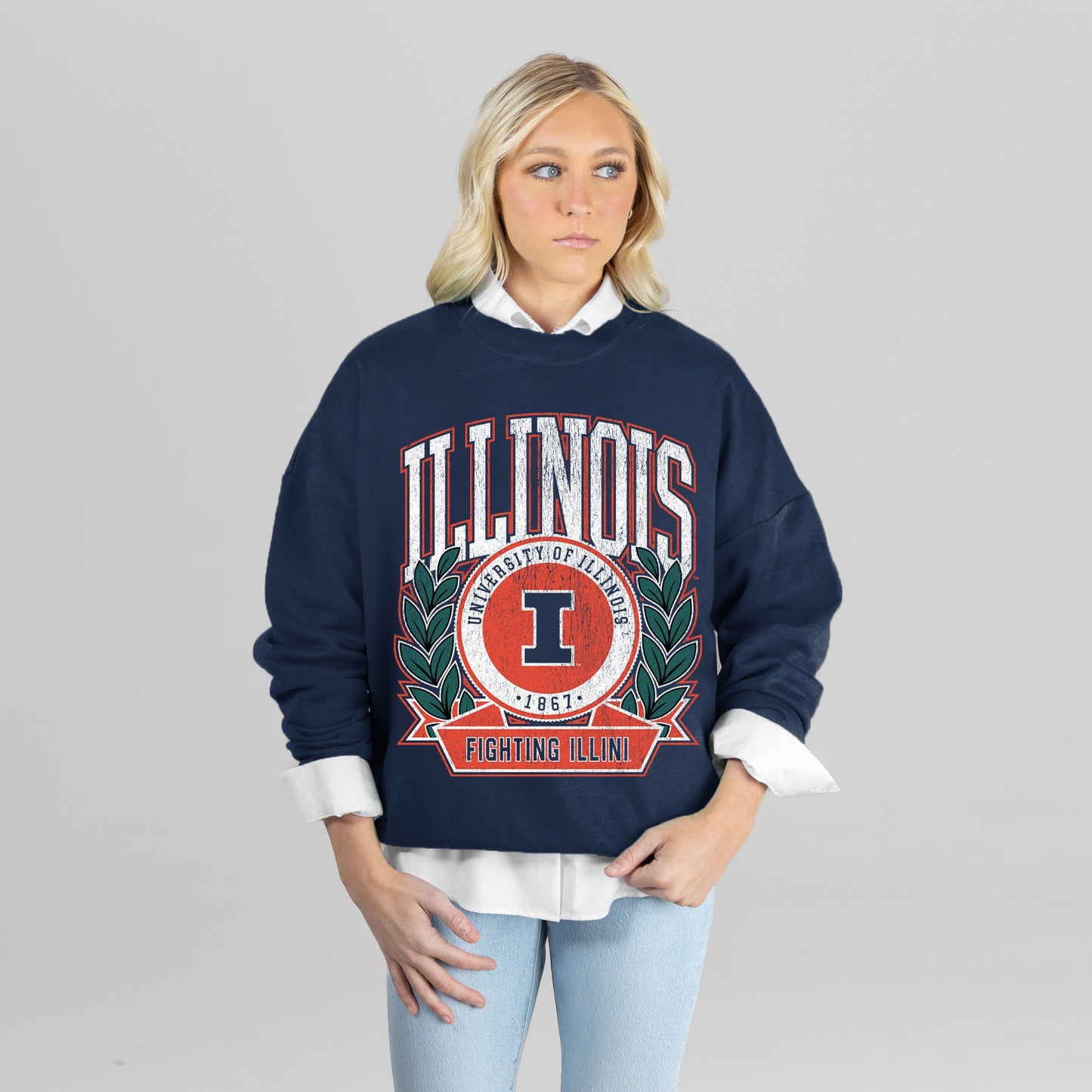 ILLINOIS FIGHTING ILLINI CLASSIC ARCHIVES PREMIUM FLEECE DROP SHOULDER CREWNECK PULLOVER