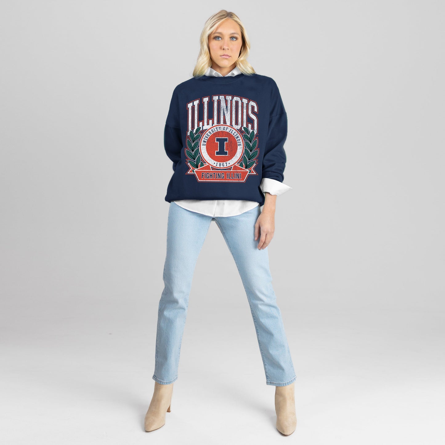 ILLINOIS FIGHTING ILLINI CLASSIC ARCHIVES PREMIUM FLEECE DROP SHOULDER CREWNECK PULLOVER