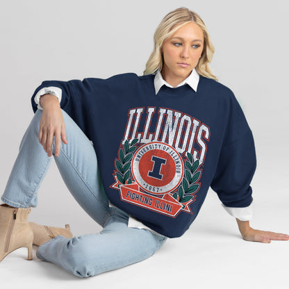 ILLINOIS FIGHTING ILLINI CLASSIC ARCHIVES PREMIUM FLEECE DROP SHOULDER CREWNECK PULLOVER