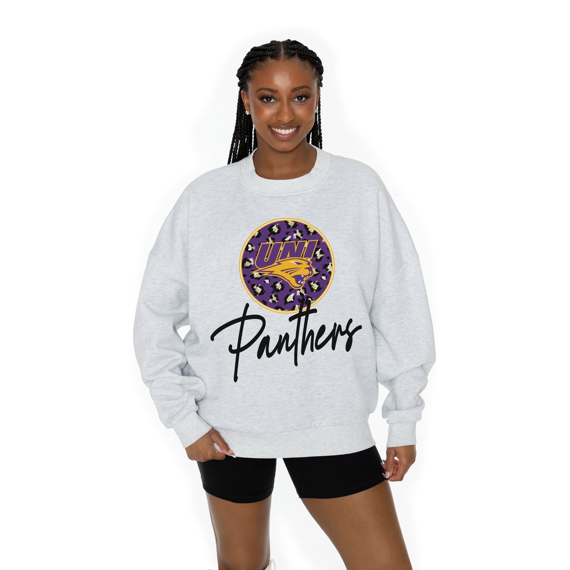 NORTHERN IOWA PANTHERS GOING WILD LONG SLEEVE UNISEX FIT PREMIUM FLEECE CREWNECK SWEATSHIRT WITH RIBBED KNIT NECKLINE, WRIST, AND WAISTBAND