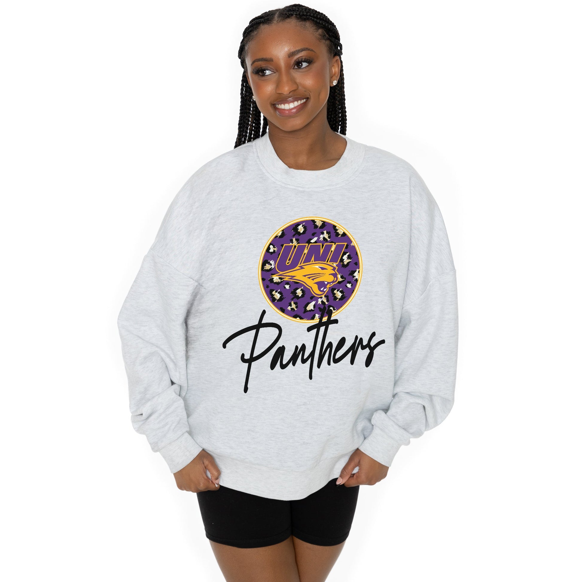 NORTHERN IOWA PANTHERS GOING WILD LONG SLEEVE UNISEX FIT PREMIUM FLEECE CREWNECK SWEATSHIRT WITH RIBBED KNIT NECKLINE, WRIST, AND WAISTBAND