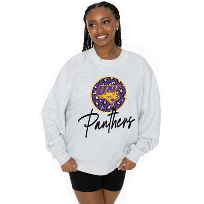 NORTHERN IOWA PANTHERS GOING WILD LONG SLEEVE UNISEX FIT PREMIUM FLEECE CREWNECK SWEATSHIRT WITH RIBBED KNIT NECKLINE, WRIST, AND WAISTBAND