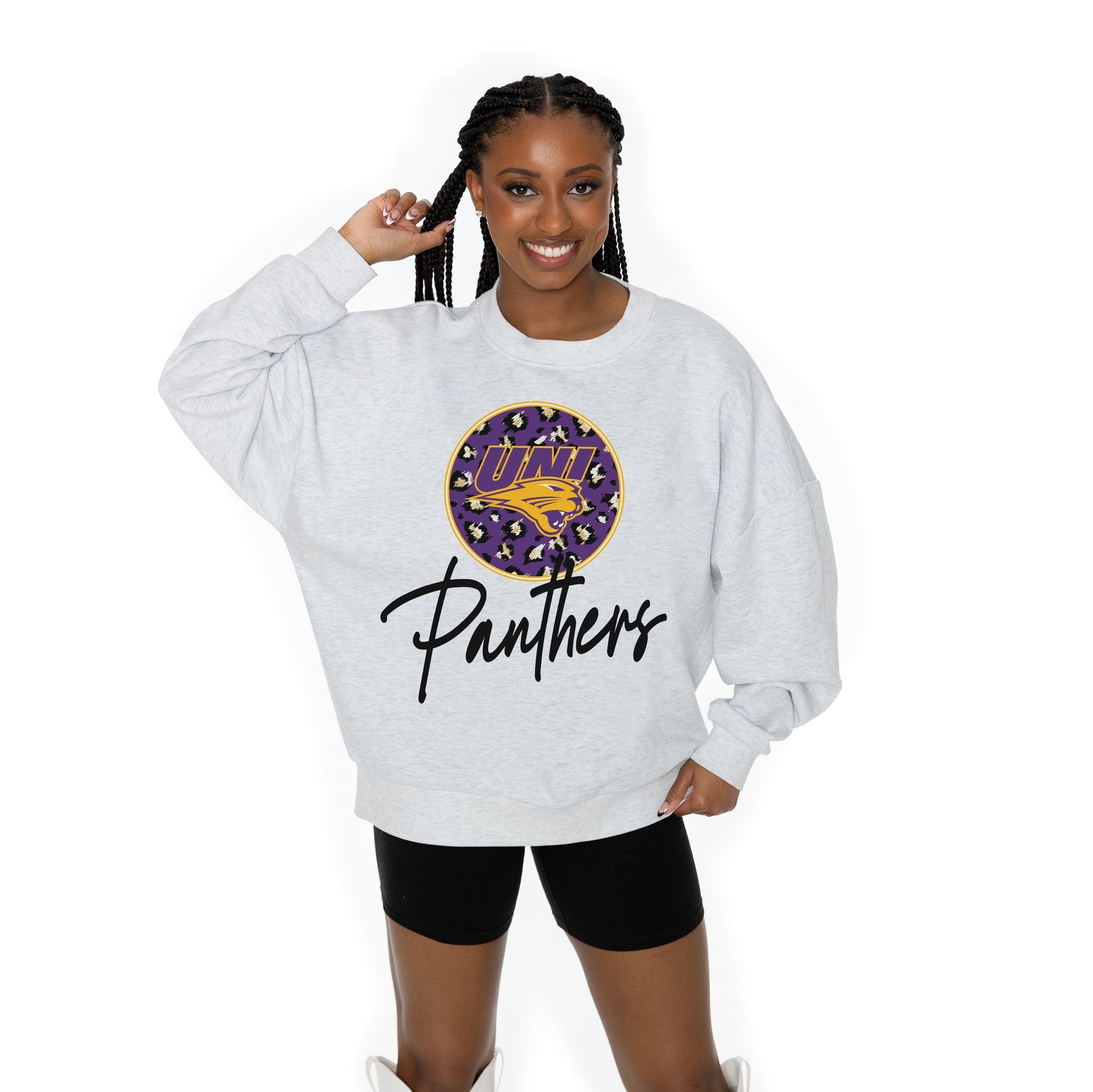 NORTHERN IOWA PANTHERS GOING WILD LONG SLEEVE UNISEX FIT PREMIUM FLEECE CREWNECK SWEATSHIRT WITH RIBBED KNIT NECKLINE, WRIST, AND WAISTBAND