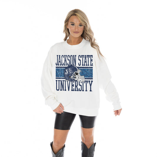 JACKSON STATE TIGERS FAIR CATCH LONG SLEEVE UNISEX FIT PREMIUM FLEECE CREWNECK SWEATSHIRT WITH RIBBED KNIT NECKLINE, WRIST, AND WAISTBAND