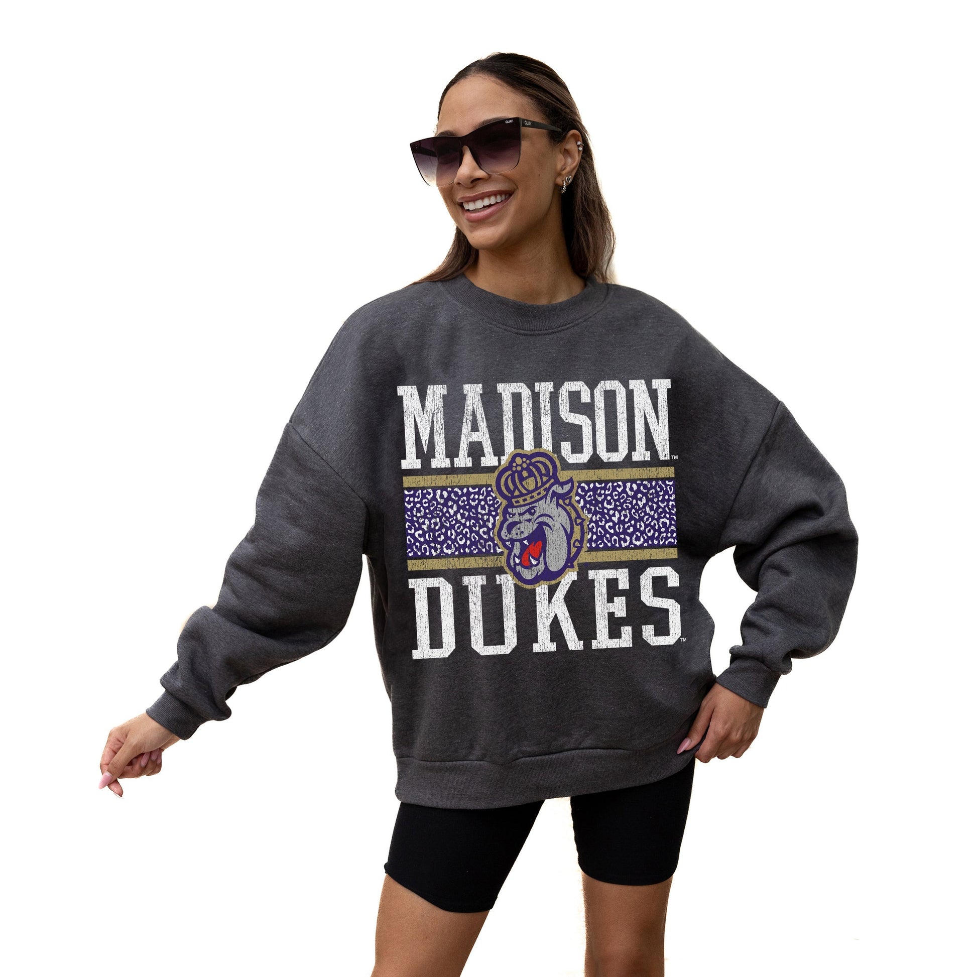 JAMES MADISON DUKES WILD TAILGATE LONG SLEEVE UNISEX FIT PREMIUM FLEECE CREWNECK SWEATSHIRT WITH RIBBED KNIT NECKLINE, WRIST, AND WAISTBAND