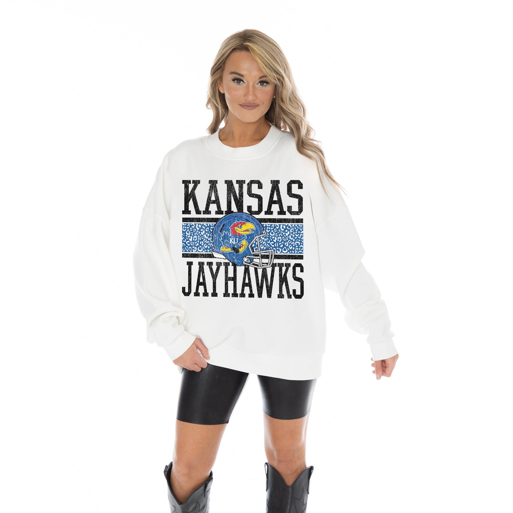 KANSAS JAYHAWKS FAIR CATCH LONG SLEEVE UNISEX FIT PREMIUM FLEECE CREWNECK SWEATSHIRT WITH RIBBED KNIT NECKLINE, WRIST, AND WAISTBAND