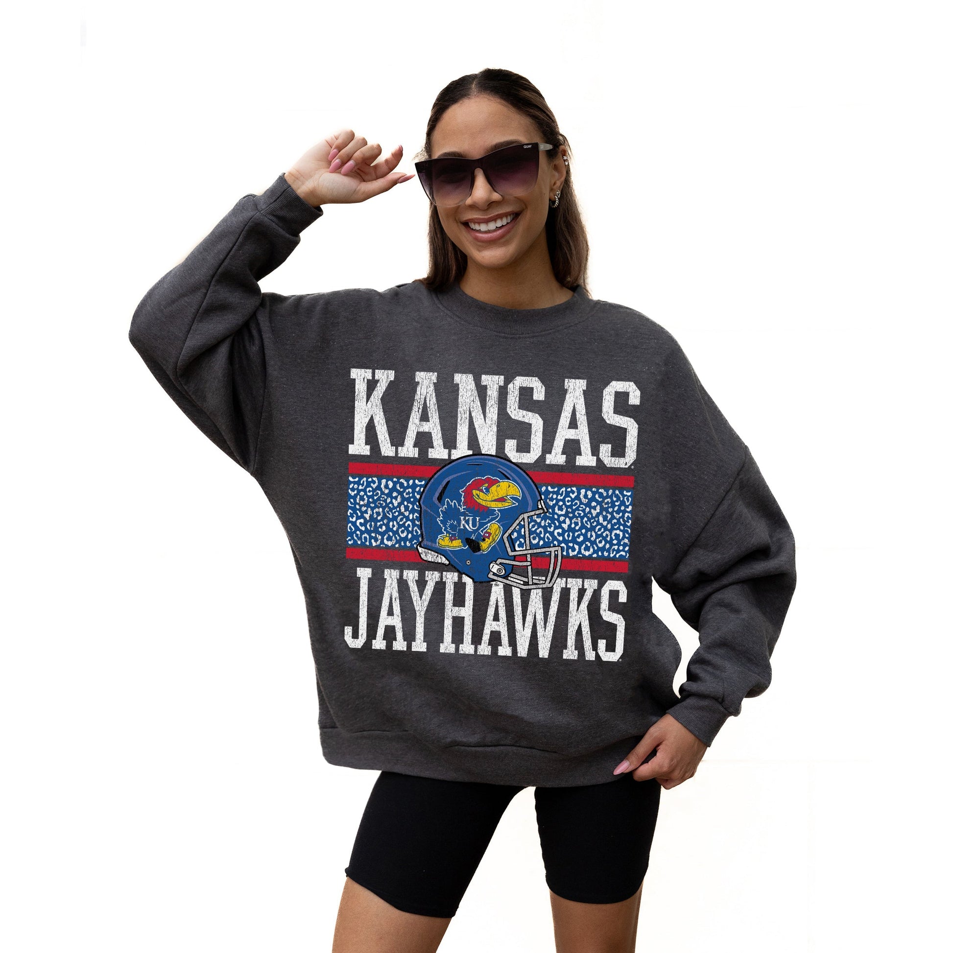KANSAS JAYHAWKS WILD TAILGATE LONG SLEEVE UNISEX FIT PREMIUM FLEECE CREWNECK SWEATSHIRT WITH RIBBED KNIT NECKLINE, WRIST, AND WAISTBAND