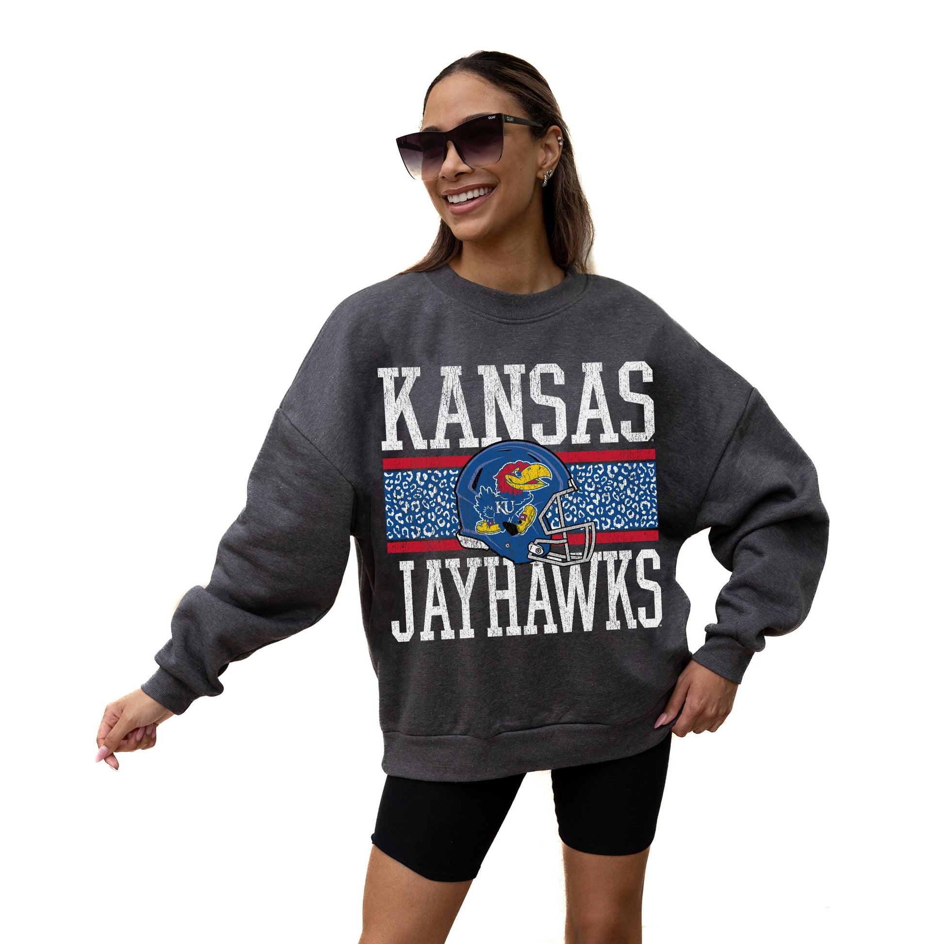 KANSAS JAYHAWKS WILD TAILGATE LONG SLEEVE UNISEX FIT PREMIUM FLEECE CREWNECK SWEATSHIRT WITH RIBBED KNIT NECKLINE, WRIST, AND WAISTBAND