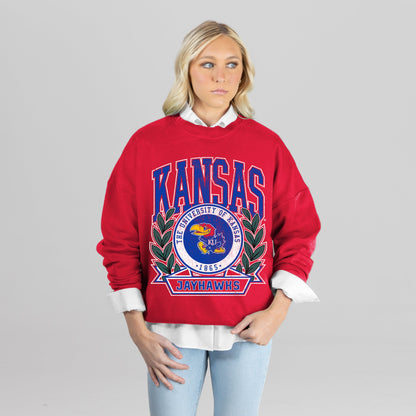 KANSAS JAYHAWKS CLASSIC ARCHIVES PREMIUM FLEECE DROP SHOULDER CREWNECK PULLOVER
