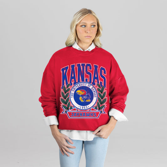KANSAS JAYHAWKS CLASSIC ARCHIVES PREMIUM FLEECE DROP SHOULDER CREWNECK PULLOVER