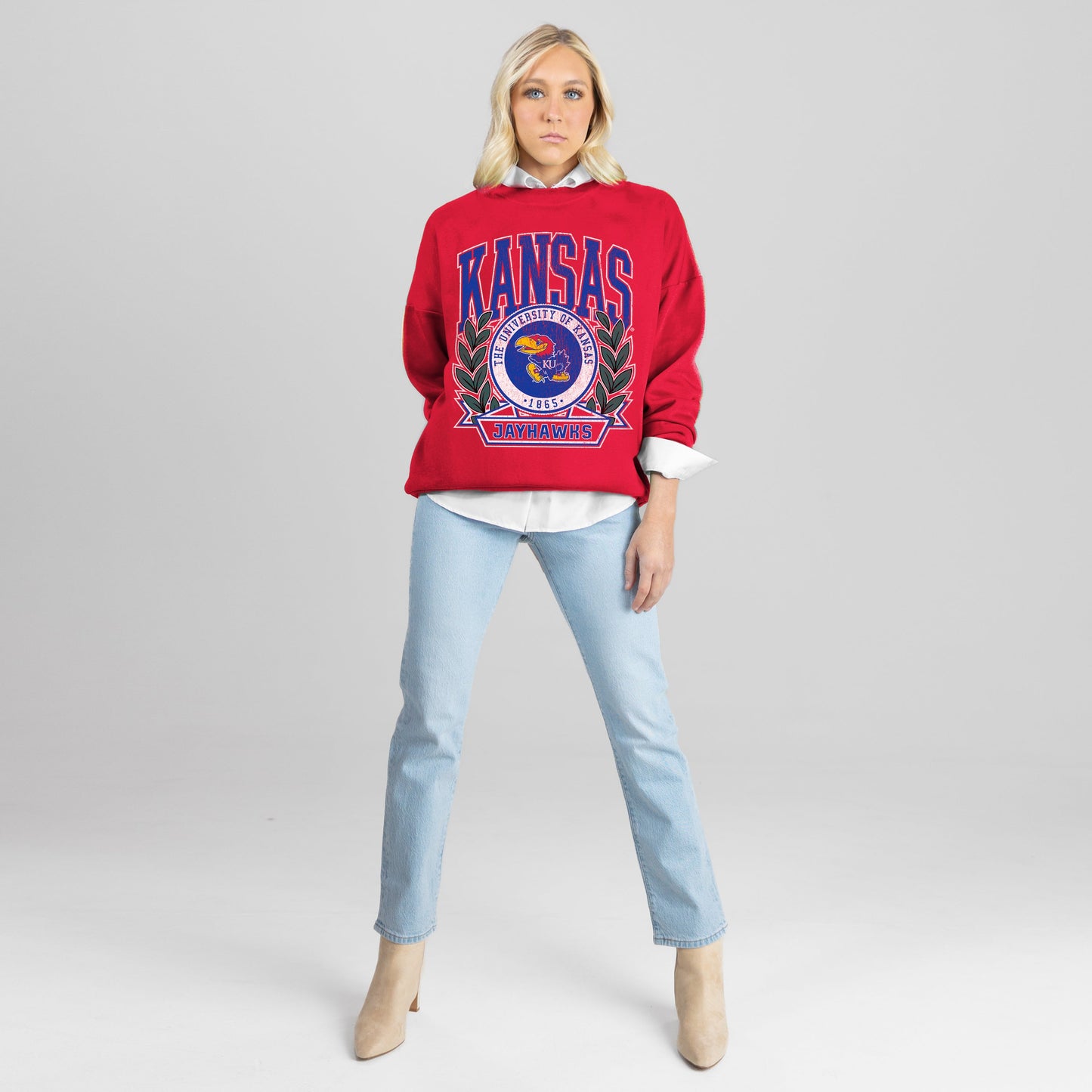 KANSAS JAYHAWKS CLASSIC ARCHIVES PREMIUM FLEECE DROP SHOULDER CREWNECK PULLOVER
