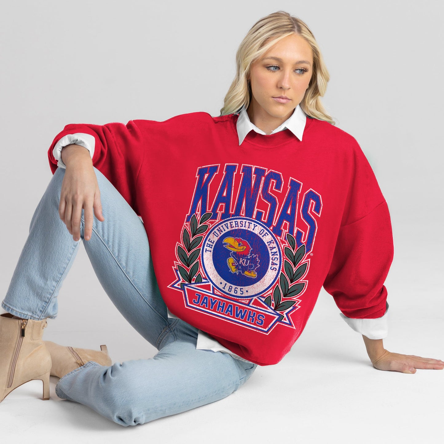 KANSAS JAYHAWKS CLASSIC ARCHIVES PREMIUM FLEECE DROP SHOULDER CREWNECK PULLOVER