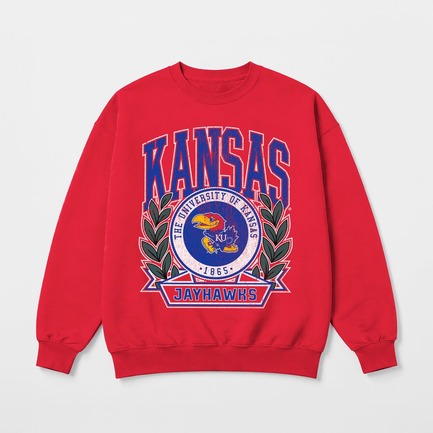 KANSAS JAYHAWKS CLASSIC ARCHIVES PREMIUM FLEECE DROP SHOULDER CREWNECK PULLOVER