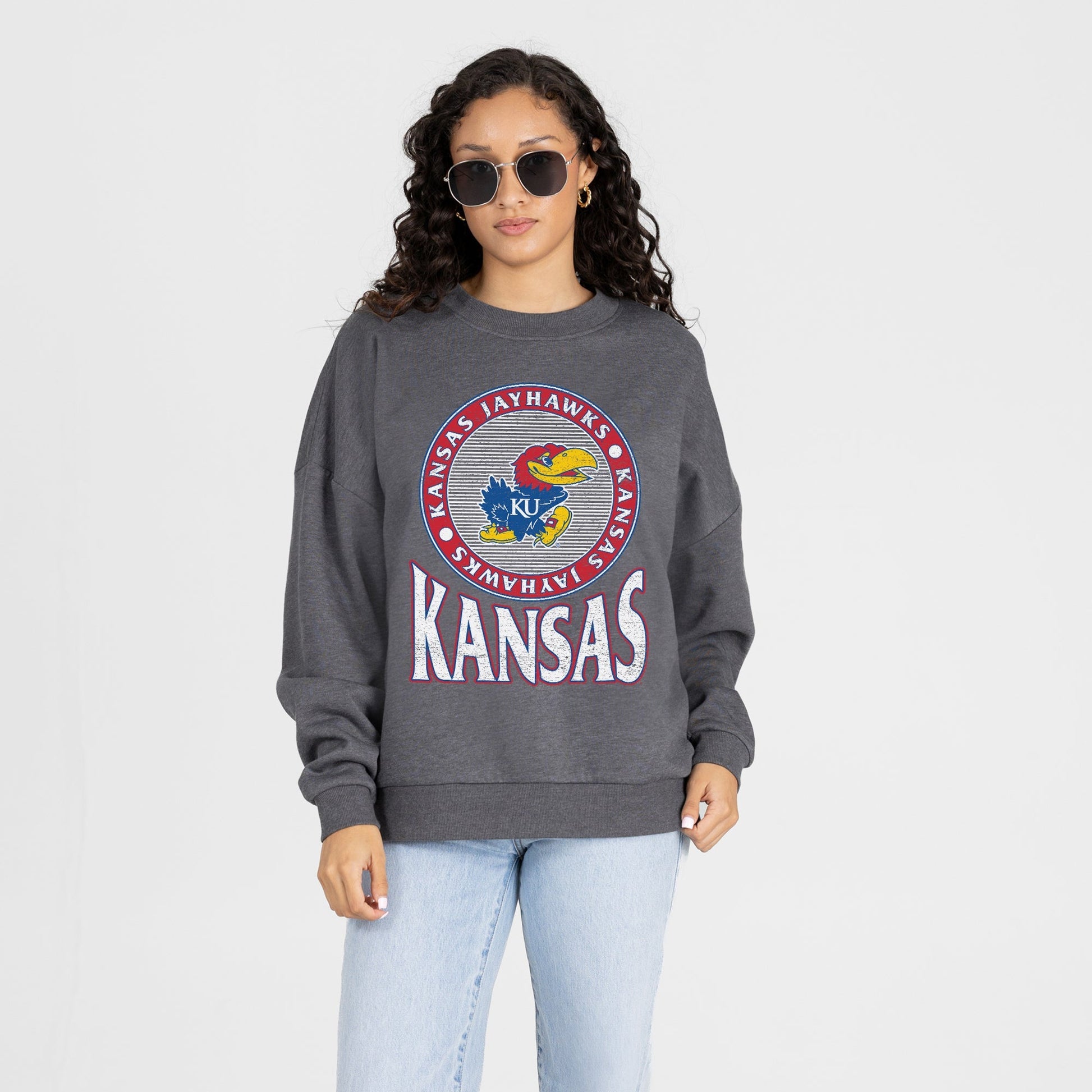 KANSAS JAYHAWKS SATURDAY SEAL PREMIUM FLEECE DROP SHOULDER CREWNECK PULLOVER