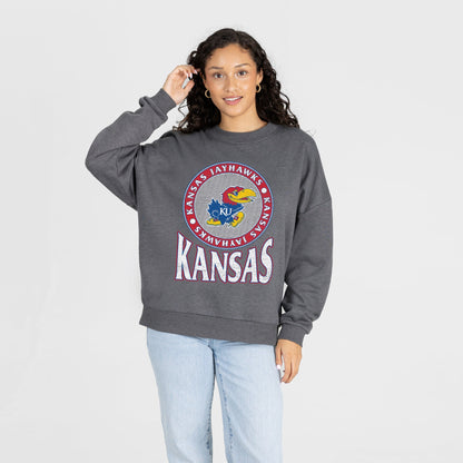 KANSAS JAYHAWKS SATURDAY SEAL PREMIUM FLEECE DROP SHOULDER CREWNECK PULLOVER