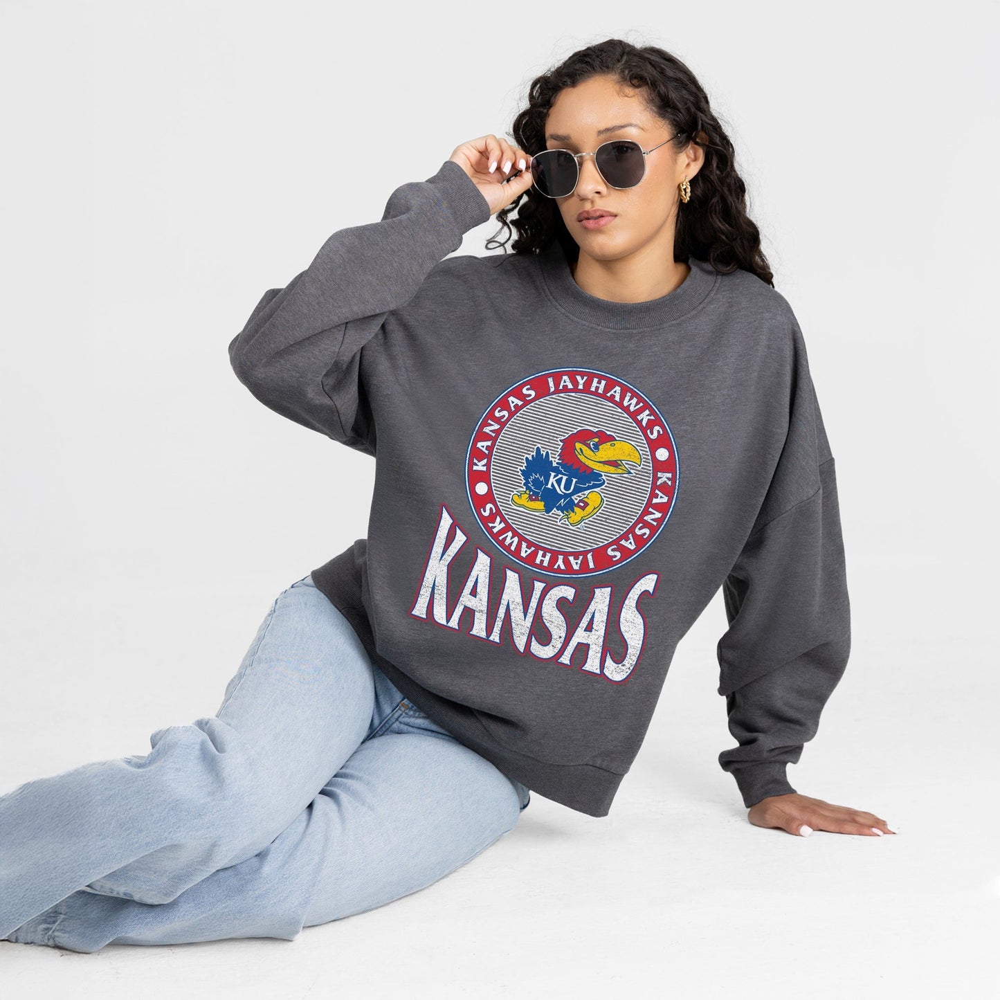 KANSAS JAYHAWKS SATURDAY SEAL PREMIUM FLEECE DROP SHOULDER CREWNECK PULLOVER