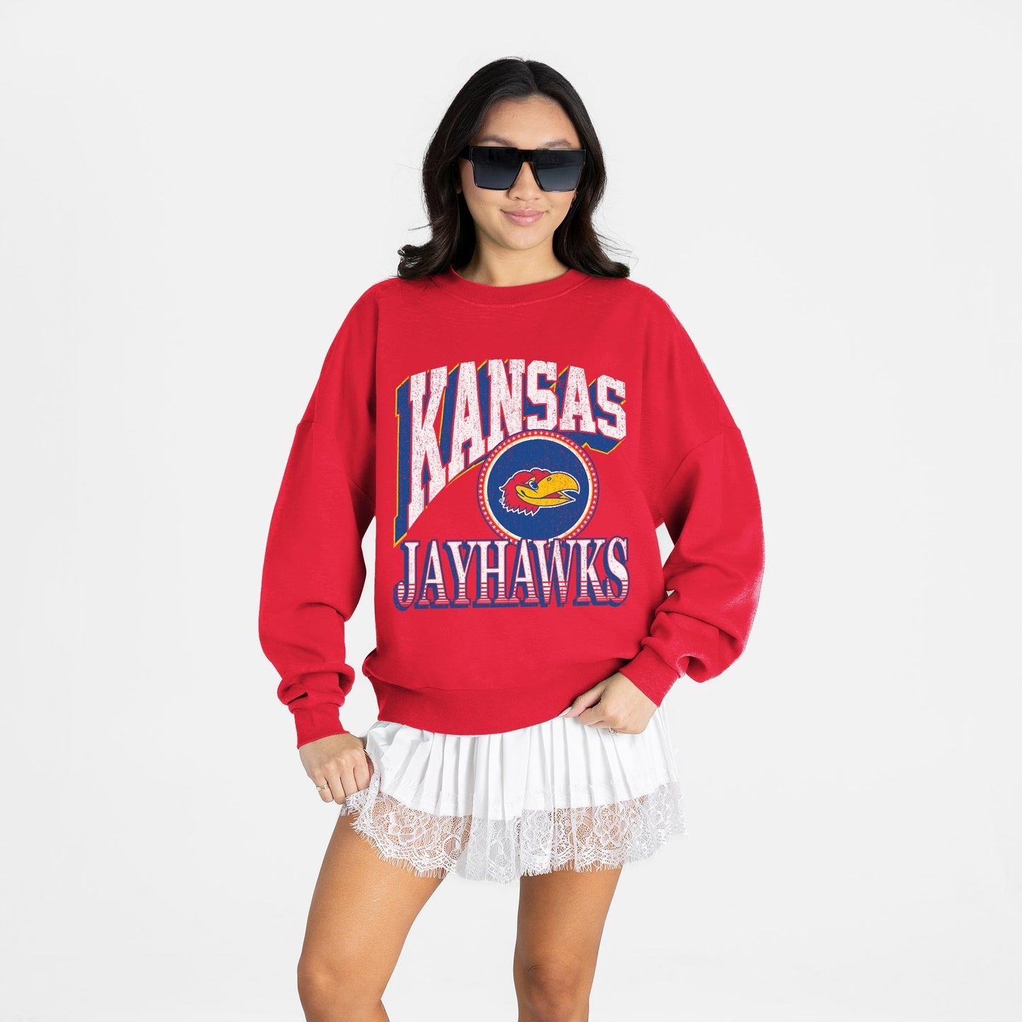 KANSAS JAYHAWKS MAIN CHARACTER PREMIUM FLEECE DROP SHOULDER CREWNECK PULLOVER